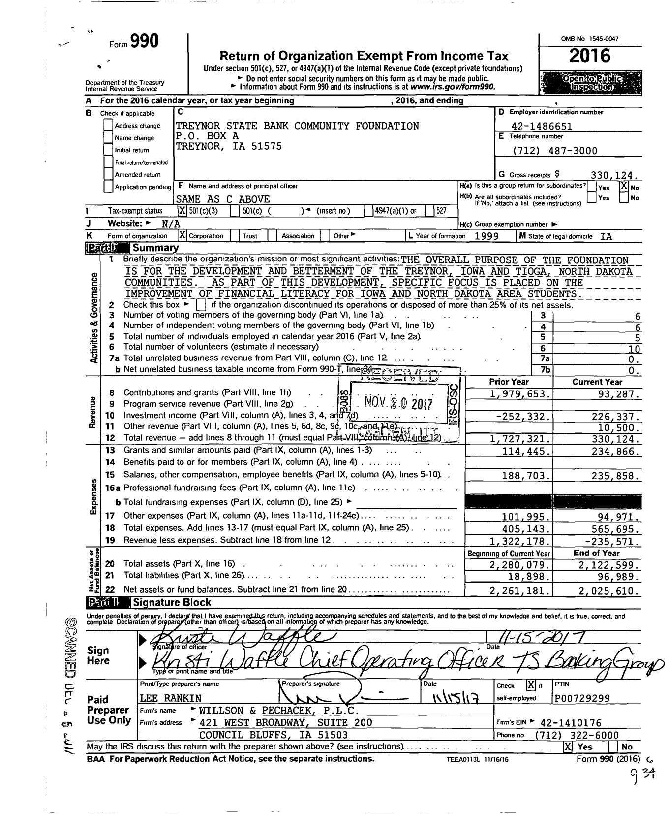 Image of first page of 2016 Form 990 for Treynor State Bank Community Foundation