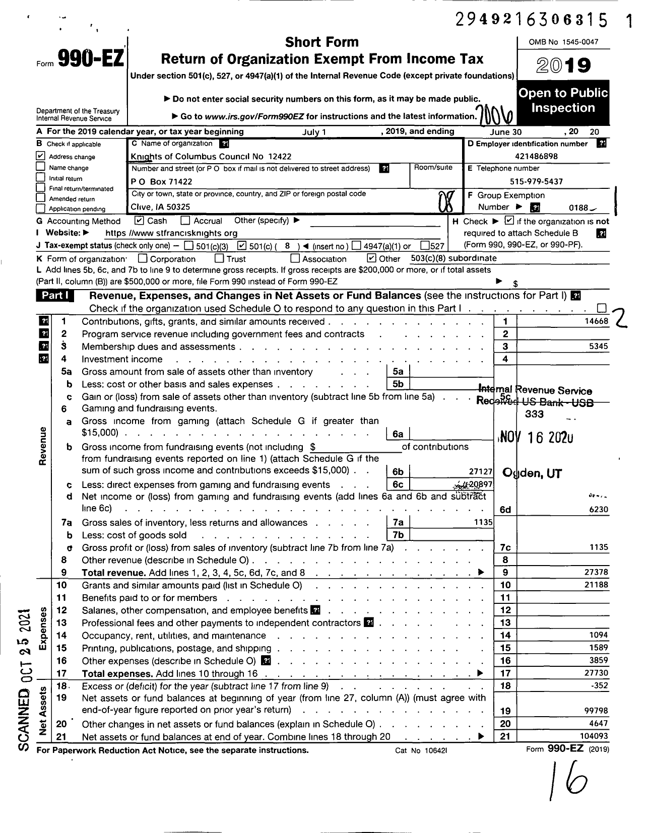 Image of first page of 2019 Form 990EO for Knights of Columbus - 12422 St Francis of Assisi