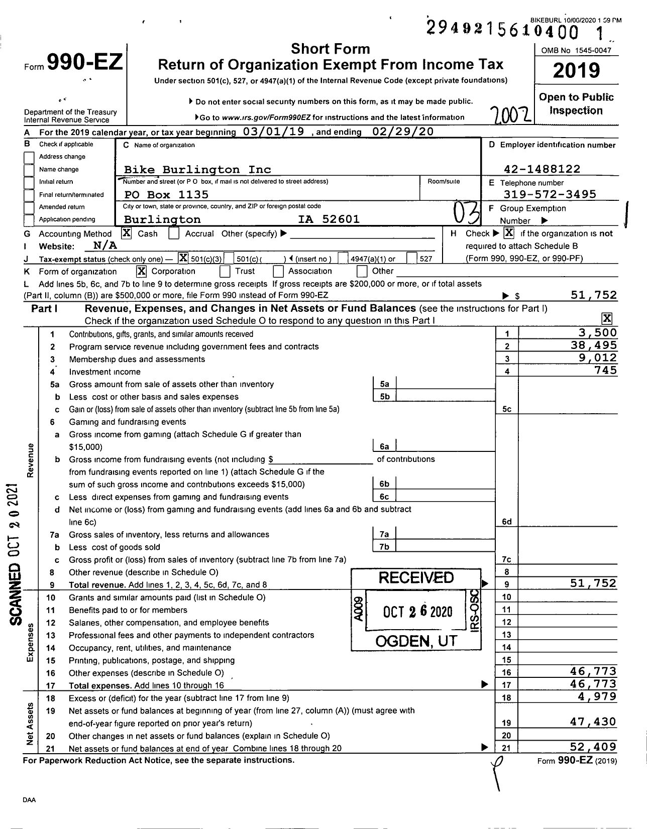 Image of first page of 2019 Form 990EZ for Bike Burlington