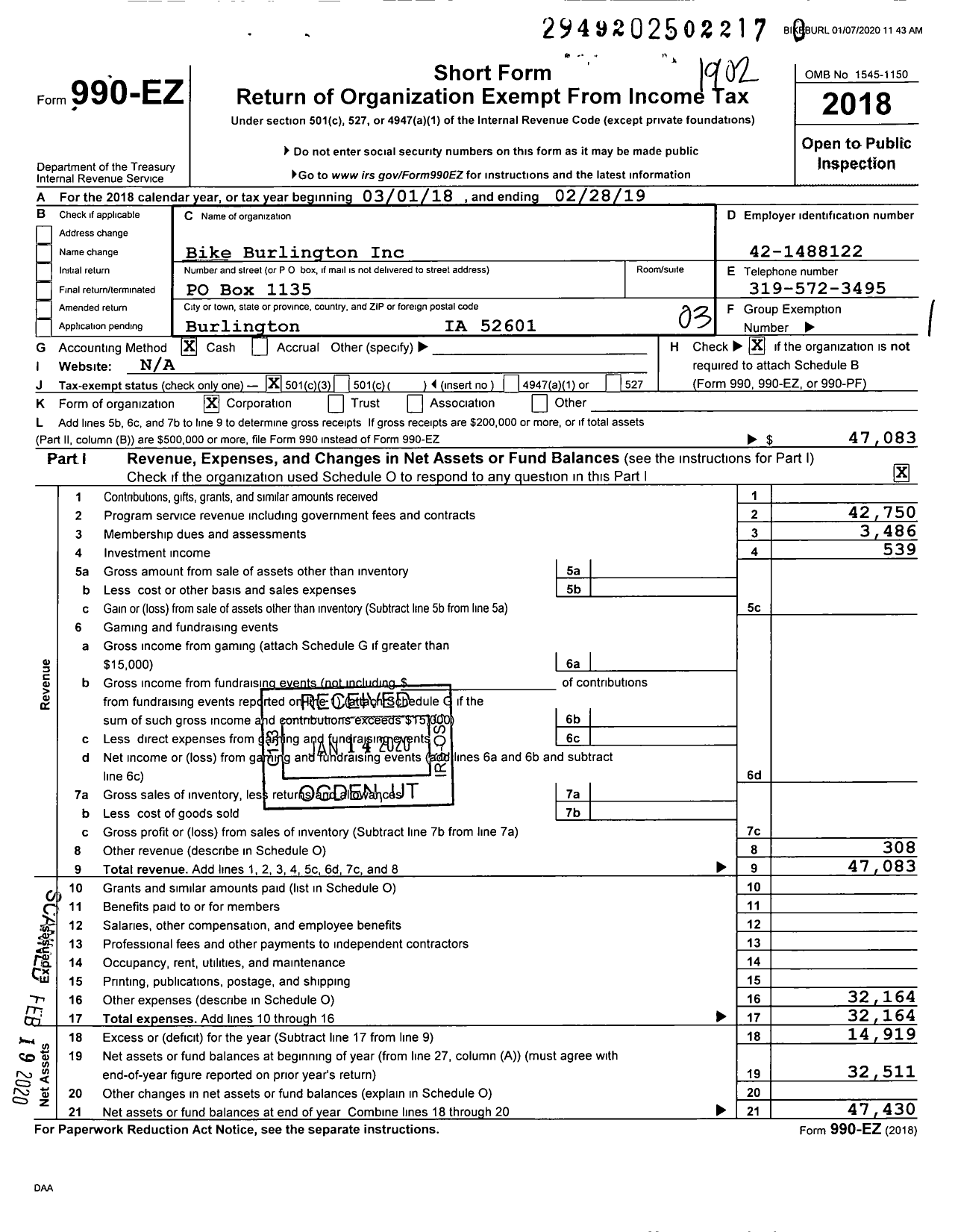 Image of first page of 2018 Form 990EZ for Bike Burlington