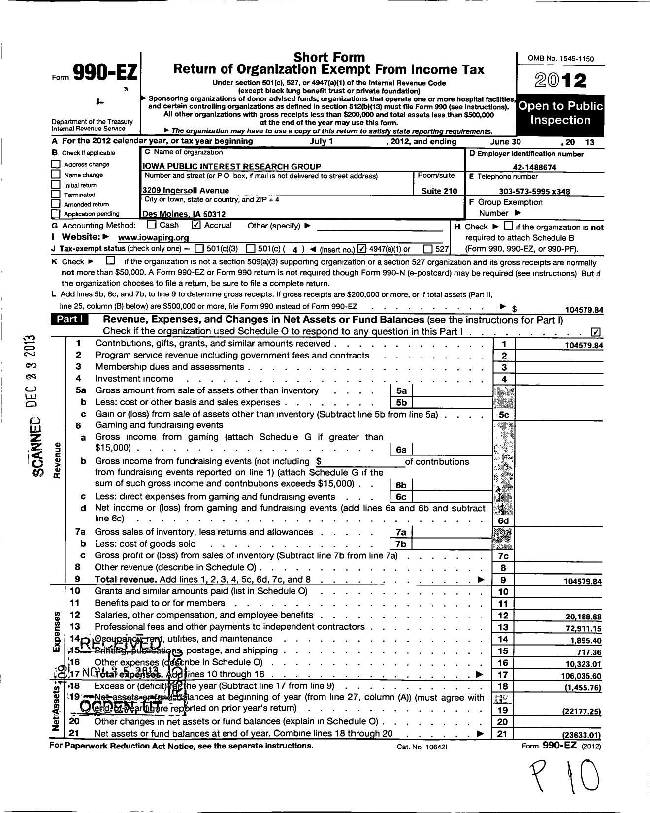 Image of first page of 2012 Form 990EO for Iowa Public Interest Research Group