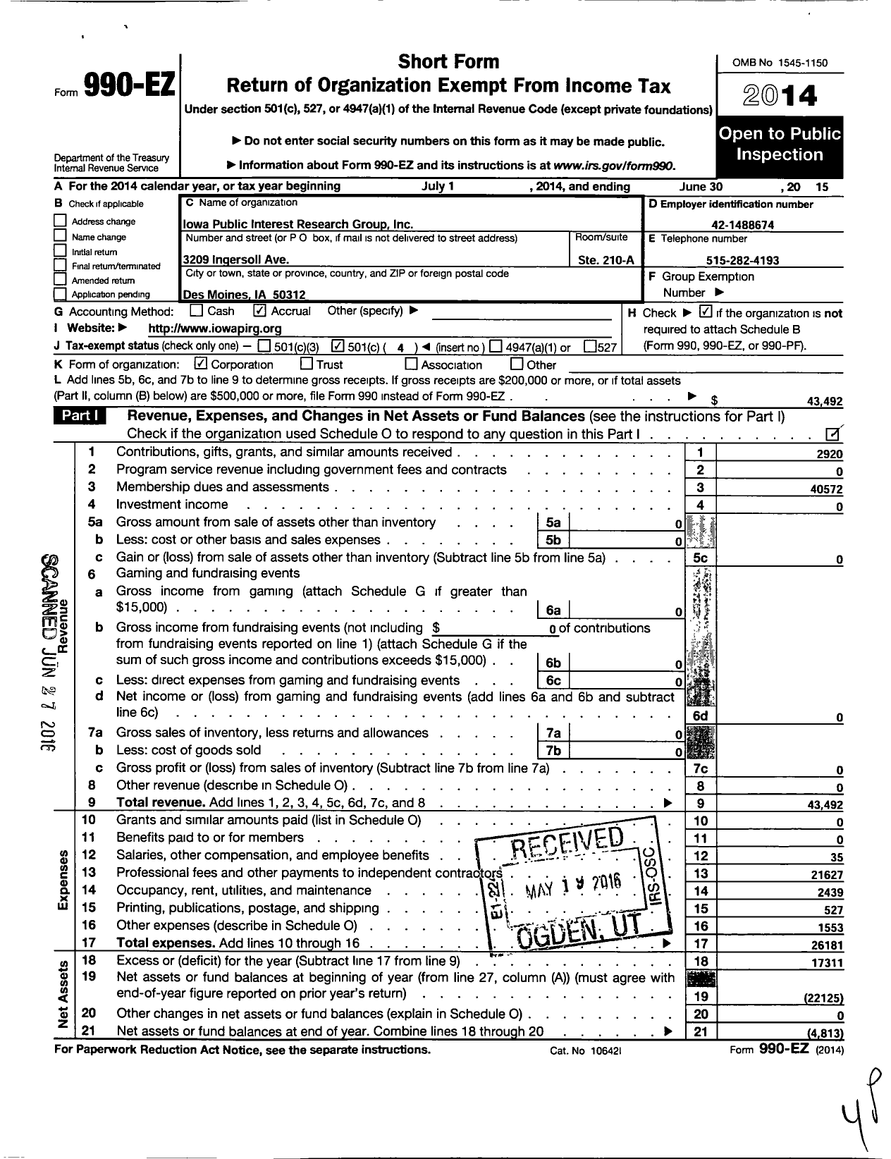 Image of first page of 2014 Form 990EO for Iowa Public Interest Research Group