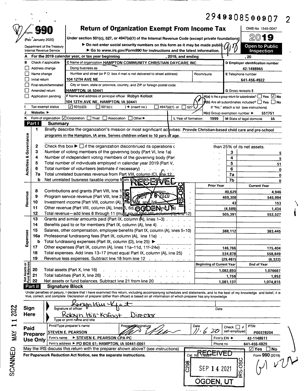 Image of first page of 2019 Form 990 for Hampton Community Christian Day Care