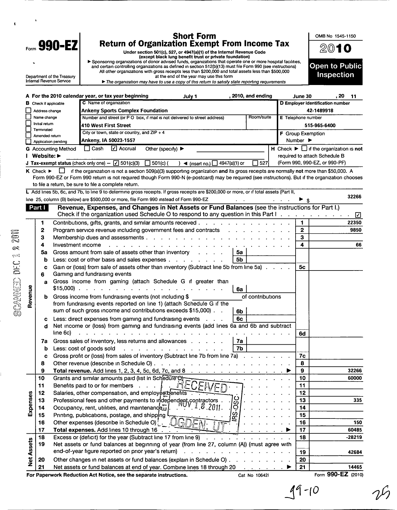 Image of first page of 2010 Form 990EZ for Ankeny Sports Complex Foundation