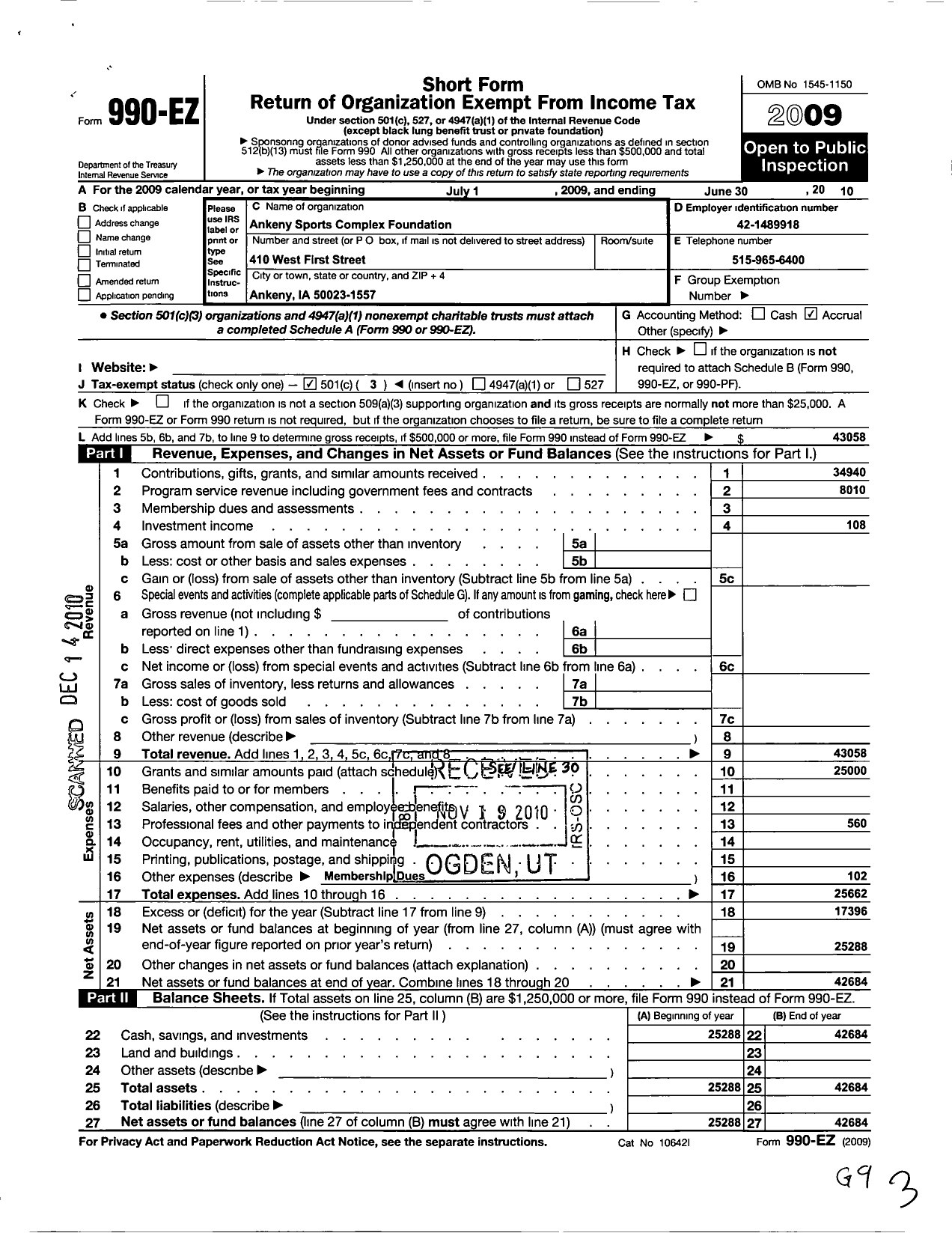 Image of first page of 2009 Form 990EZ for Ankeny Sports Complex Foundation