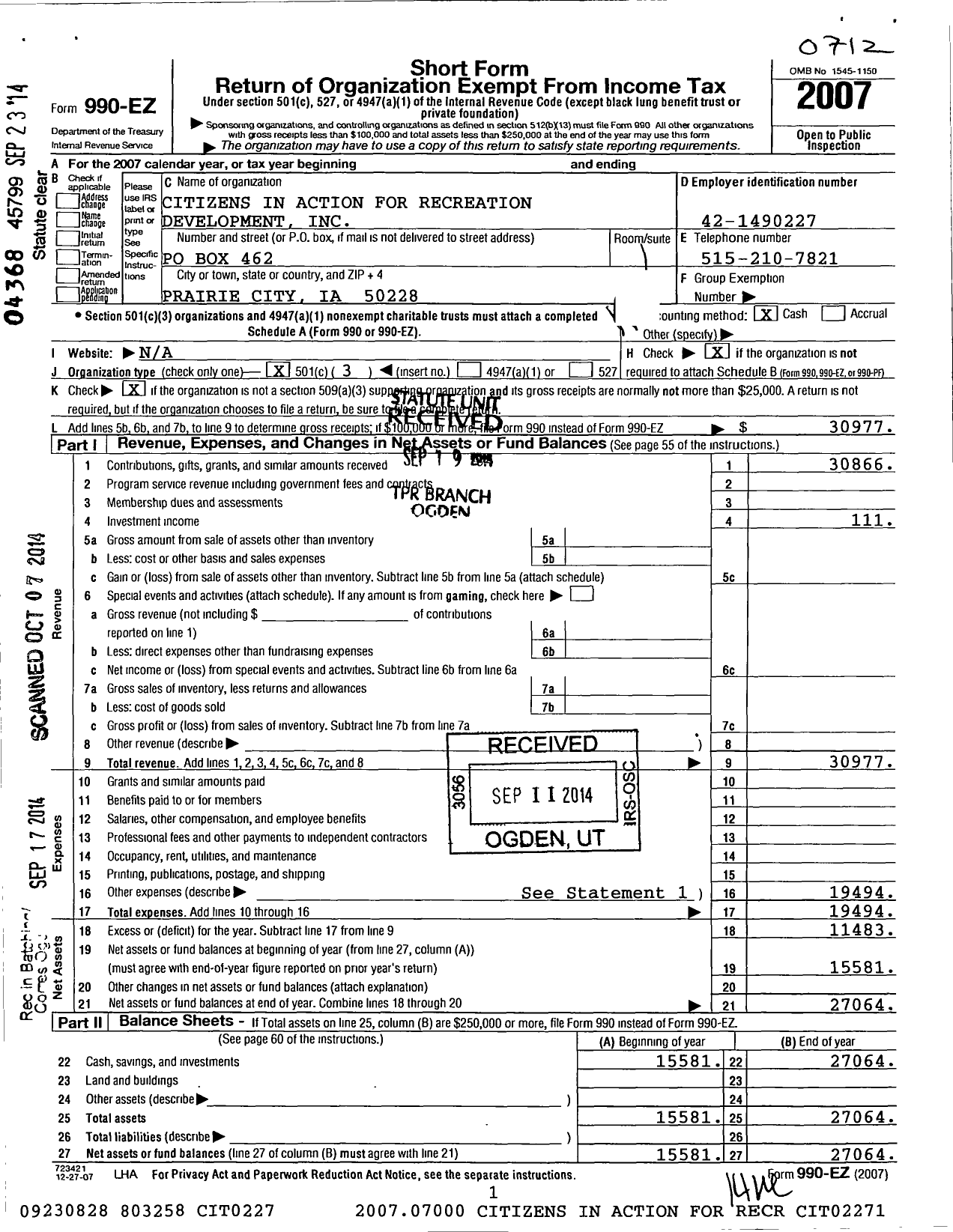 Image of first page of 2007 Form 990EZ for Citizens in Action for Recreation Area Development