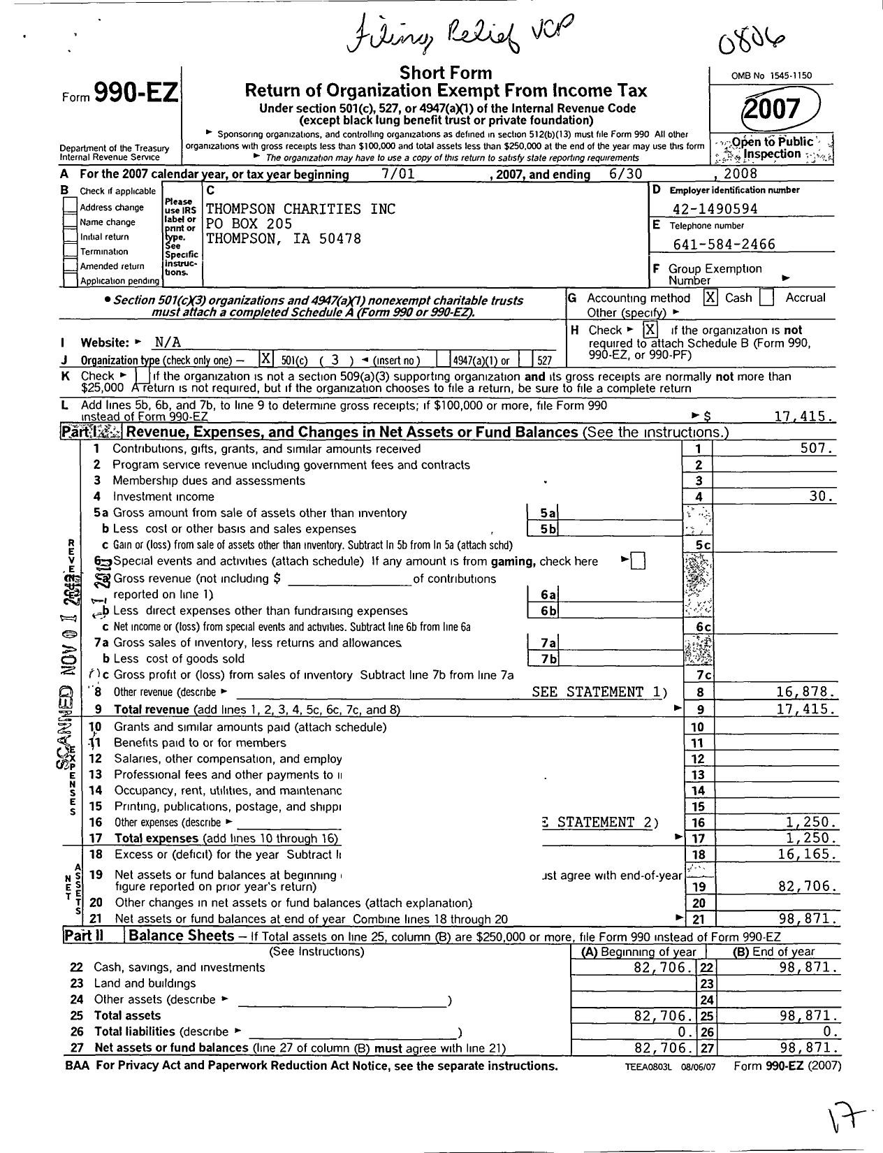 Image of first page of 2007 Form 990EZ for Thompson Charities Kids World