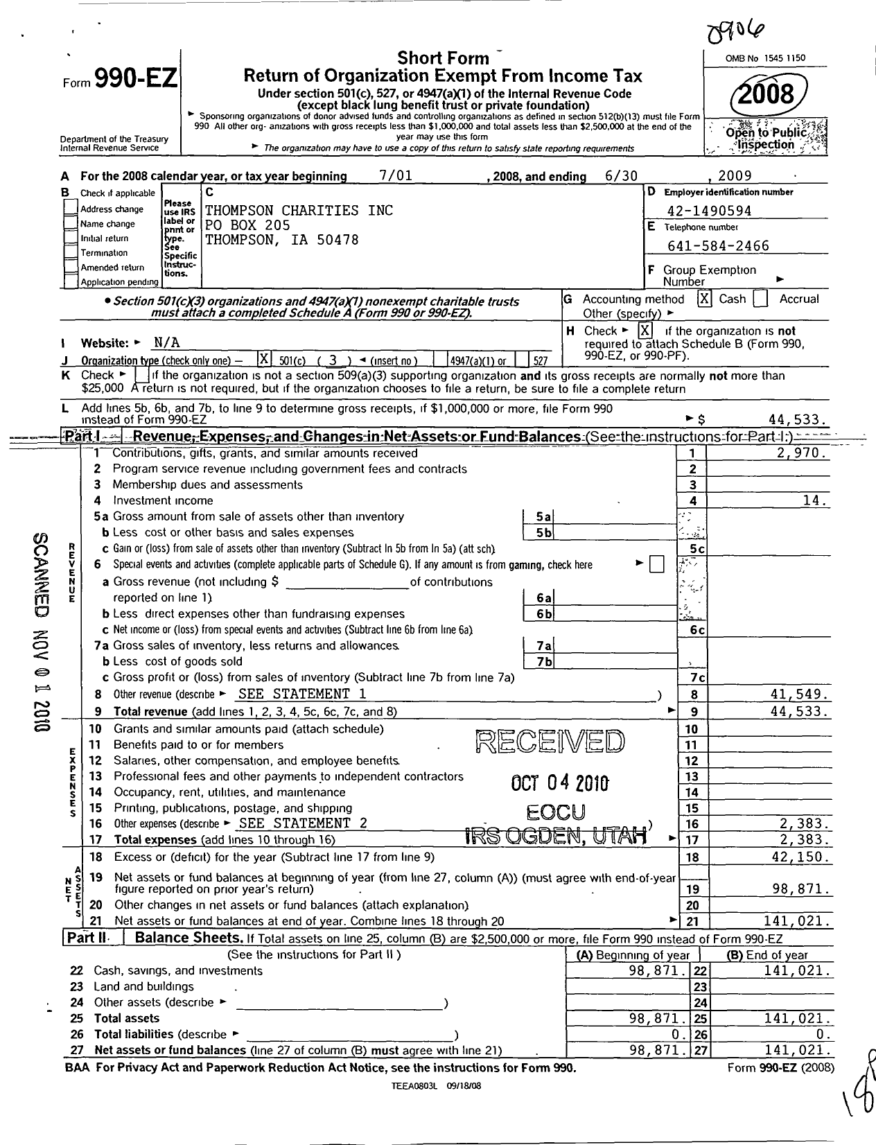 Image of first page of 2008 Form 990EZ for Thompson Charities Kids World