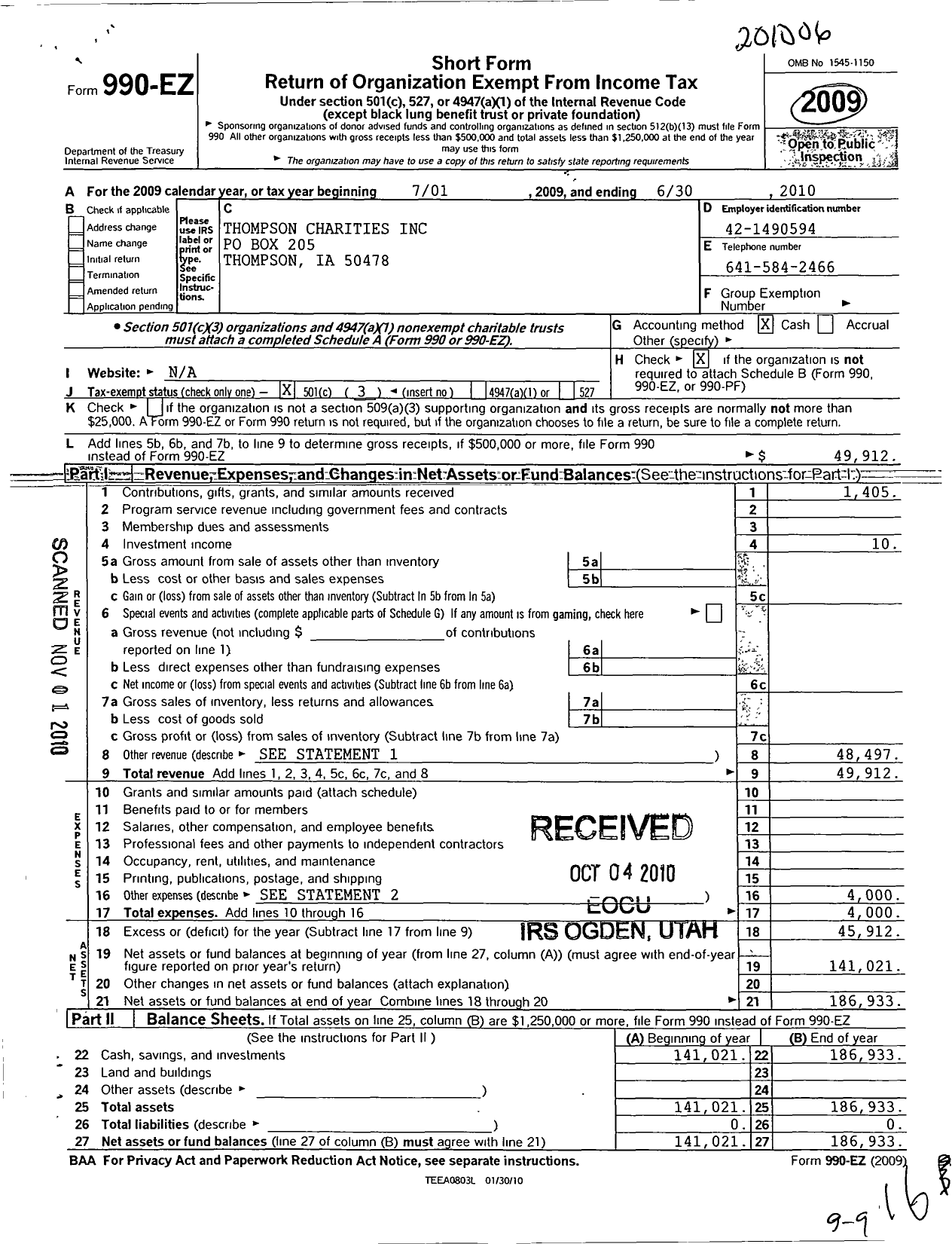 Image of first page of 2009 Form 990EZ for Thompson Charities Kids World