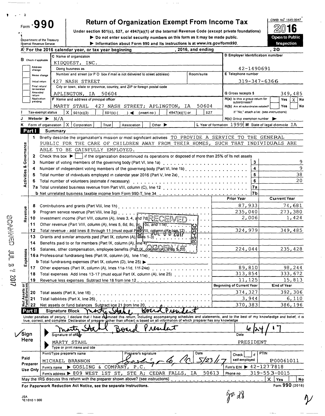 Image of first page of 2016 Form 990 for Kidquest