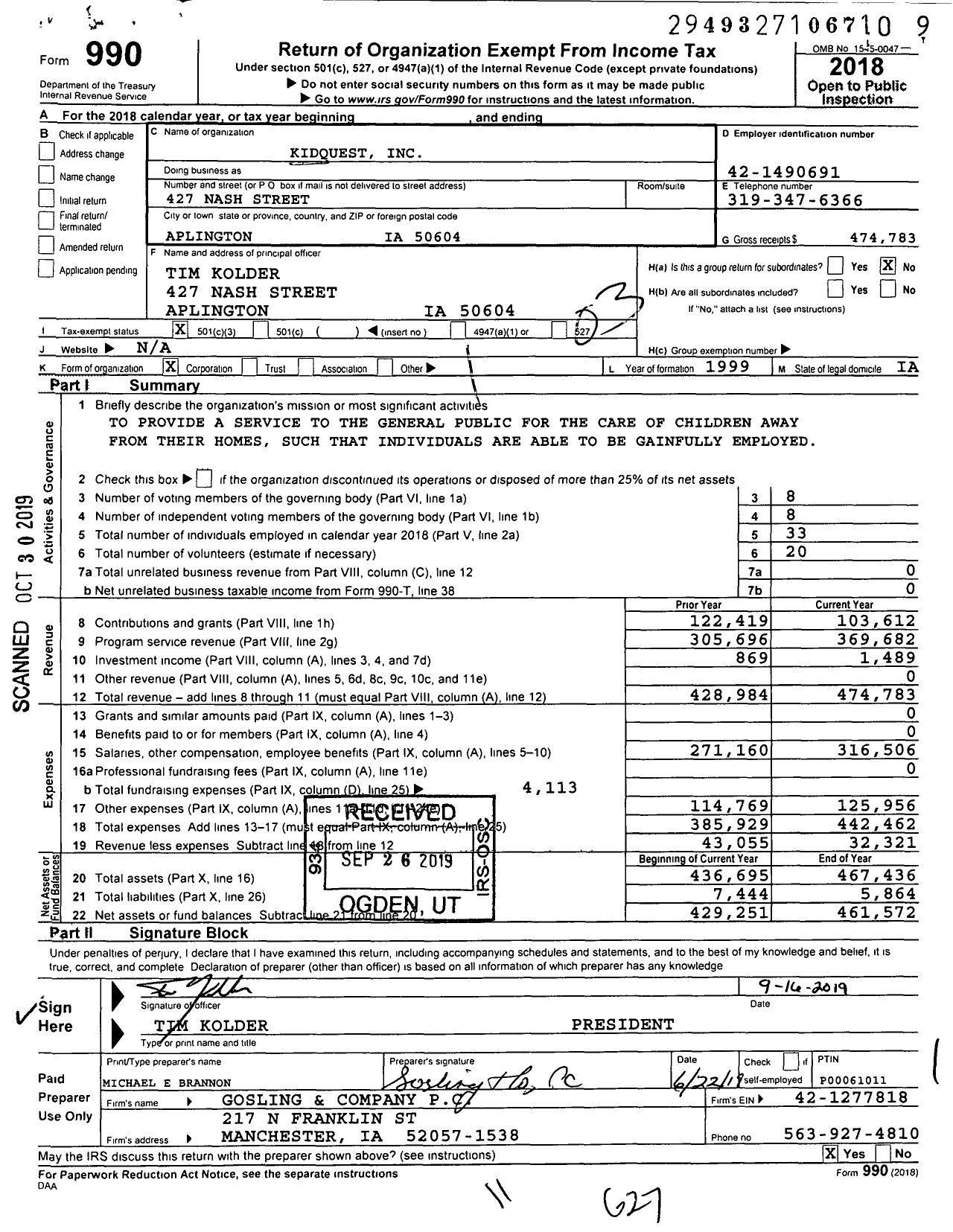Image of first page of 2018 Form 990 for Kidquest