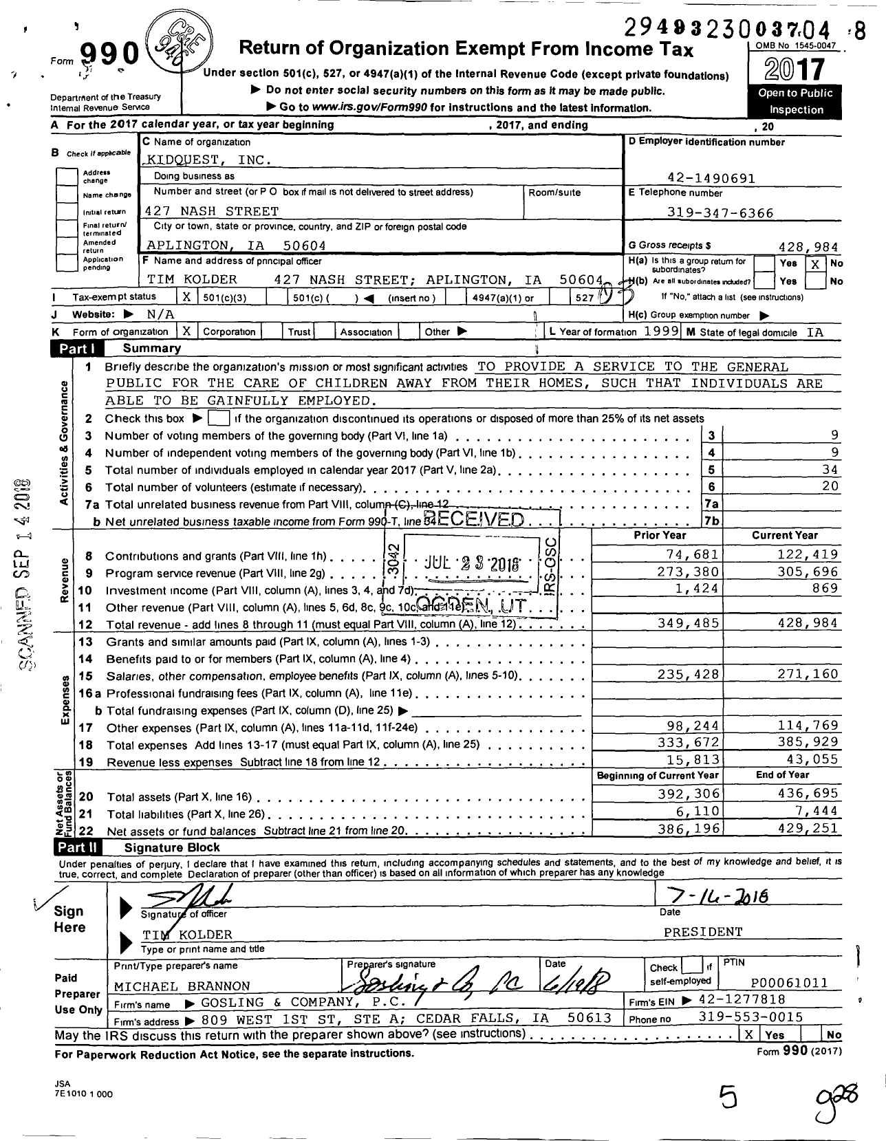 Image of first page of 2017 Form 990 for Kidquest
