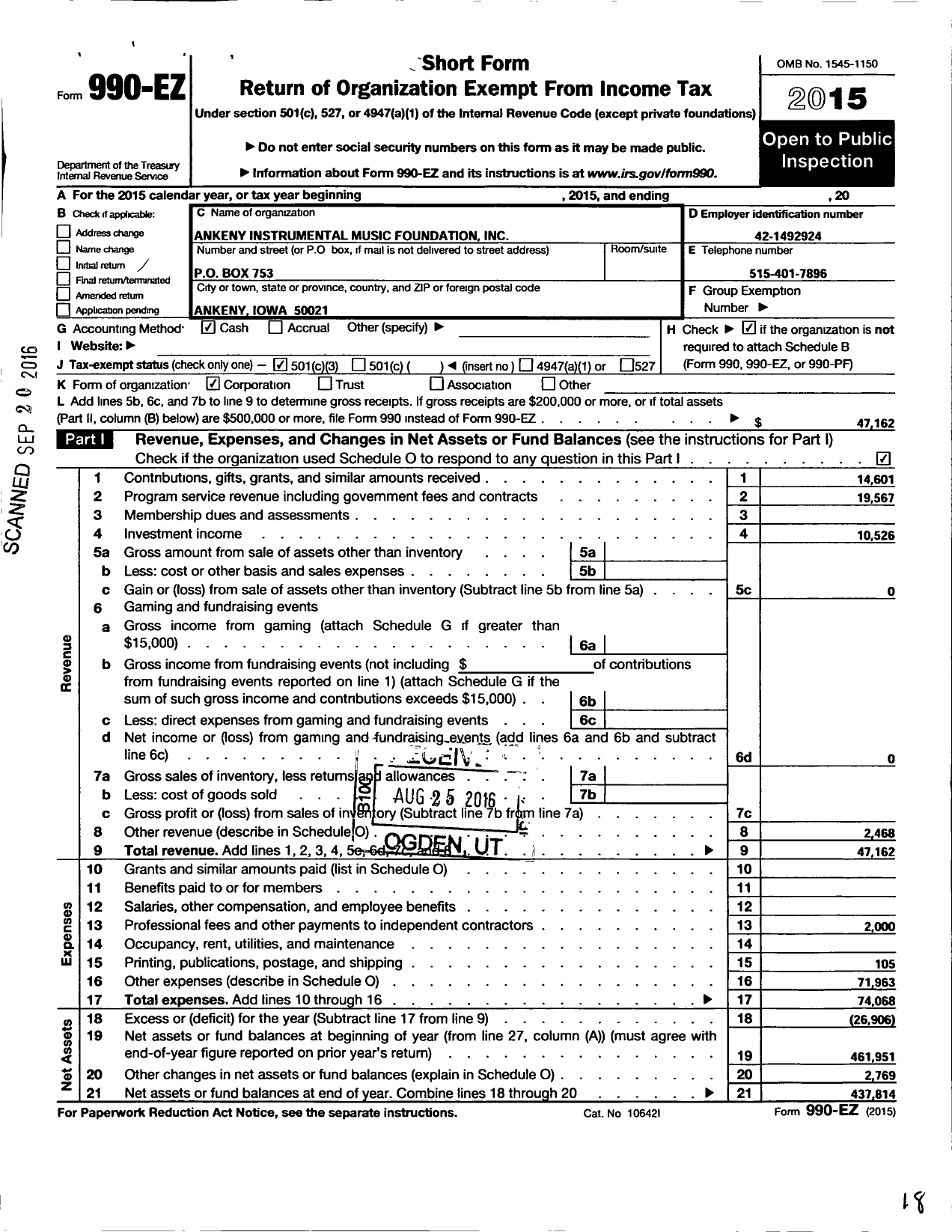 Image of first page of 2015 Form 990EZ for Ankeny Instrumental Music Foundation