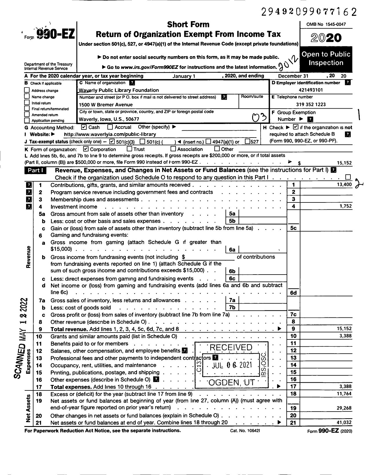 Image of first page of 2020 Form 990EZ for Waverly Public Library Founation