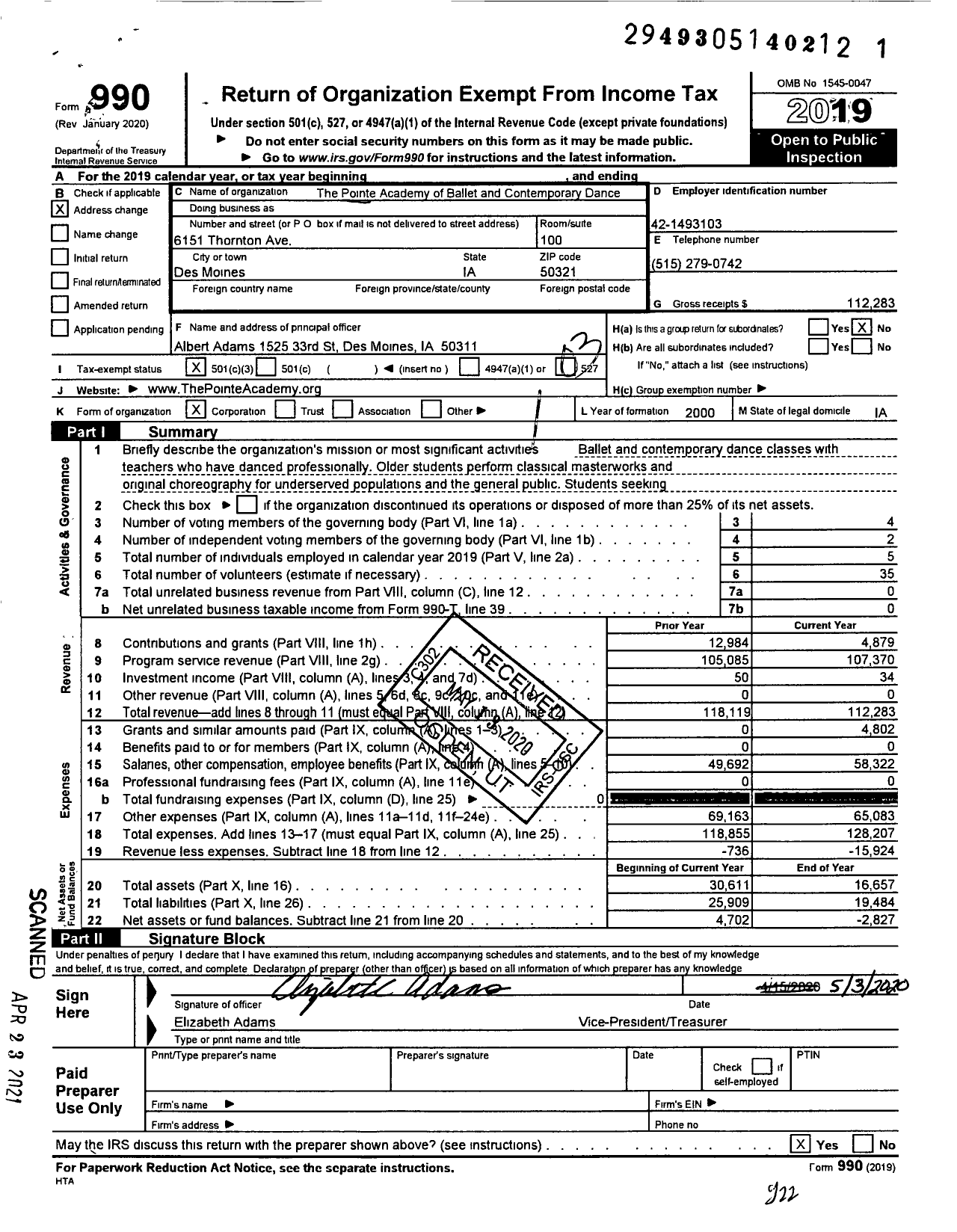 Image of first page of 2019 Form 990 for The Pointe Academy of Ballet and Contemporary Dance