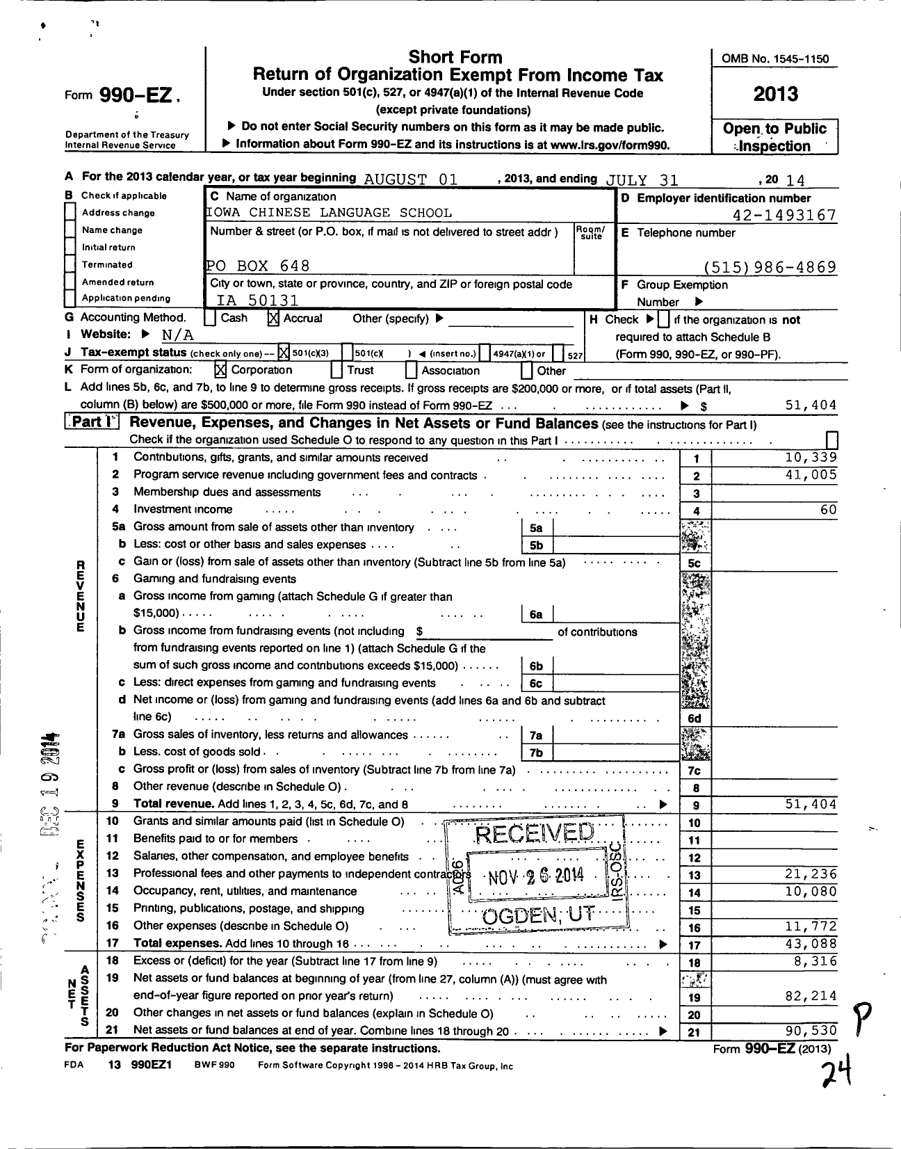 Image of first page of 2013 Form 990EZ for Iowa Chinese Lanugage School