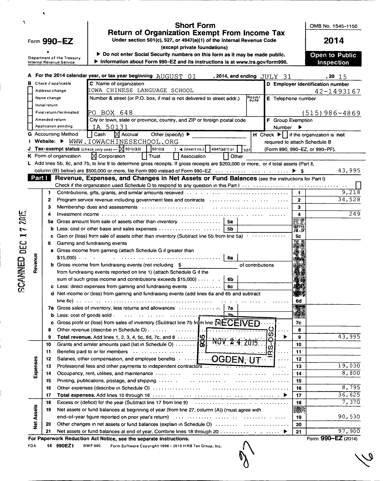 Image of first page of 2014 Form 990EZ for Iowa Chinese Lanugage School