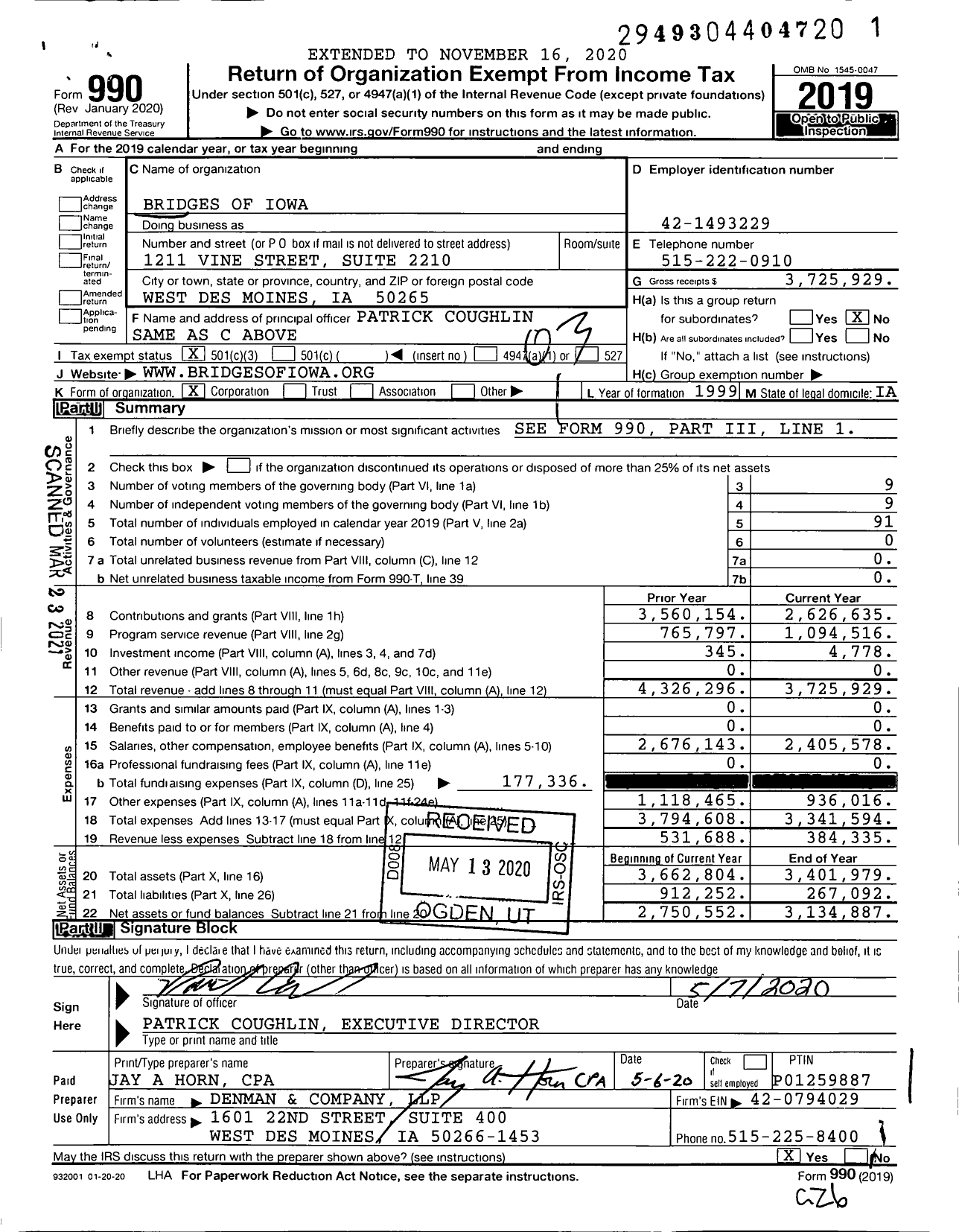 Image of first page of 2019 Form 990 for Bridges of Iowa