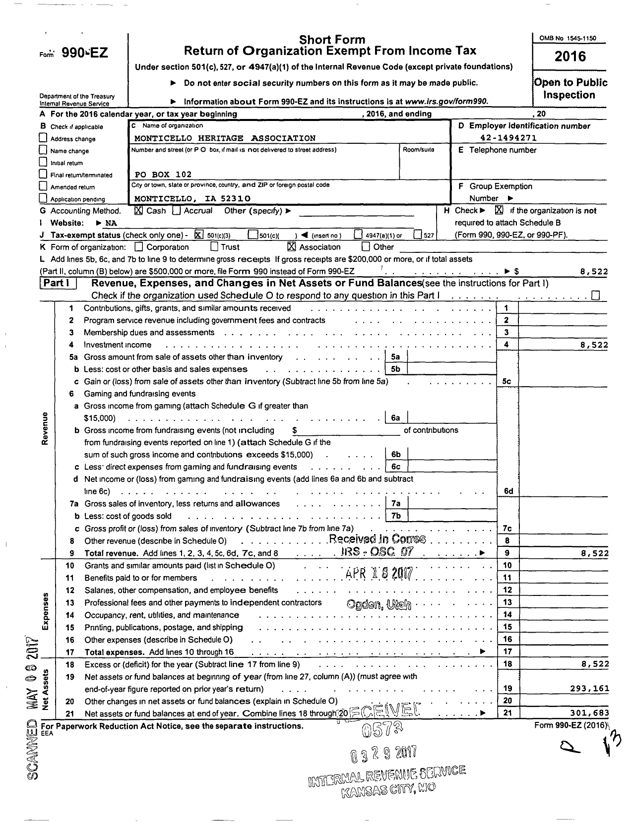 Image of first page of 2016 Form 990EZ for Monticello Heritage Center