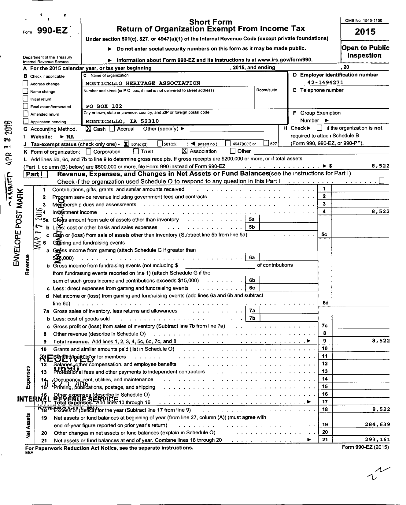 Image of first page of 2015 Form 990EZ for Monticello Heritage Center