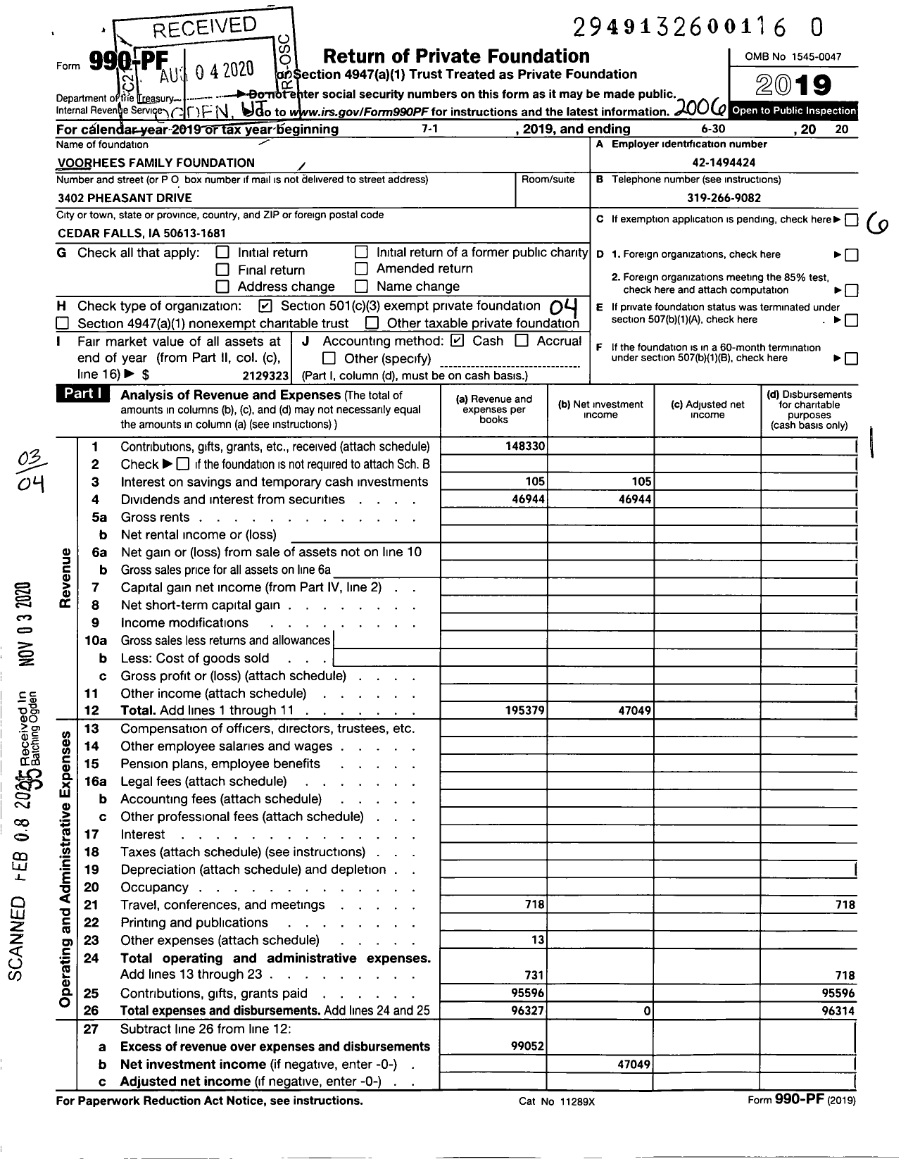 Image of first page of 2019 Form 990PF for Voorhees Family Foundation