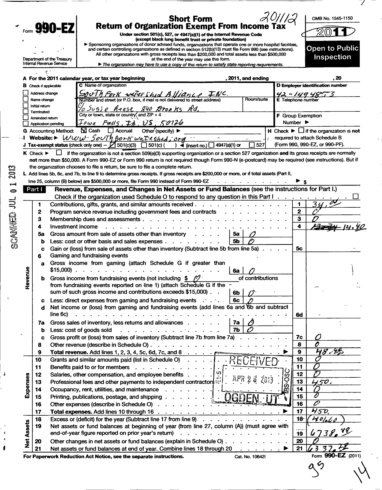 Image of first page of 2011 Form 990EZ for Southfork Watershed Alliance