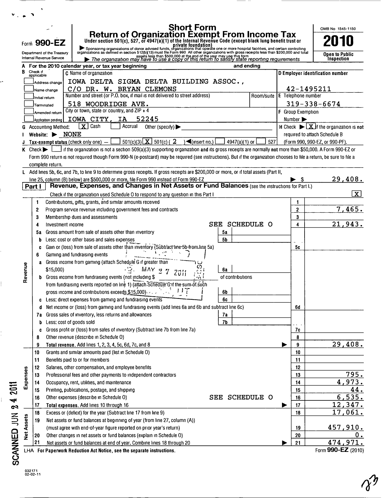 Image of first page of 2010 Form 990EO for Iowa Delta Sigma Delta Building Association