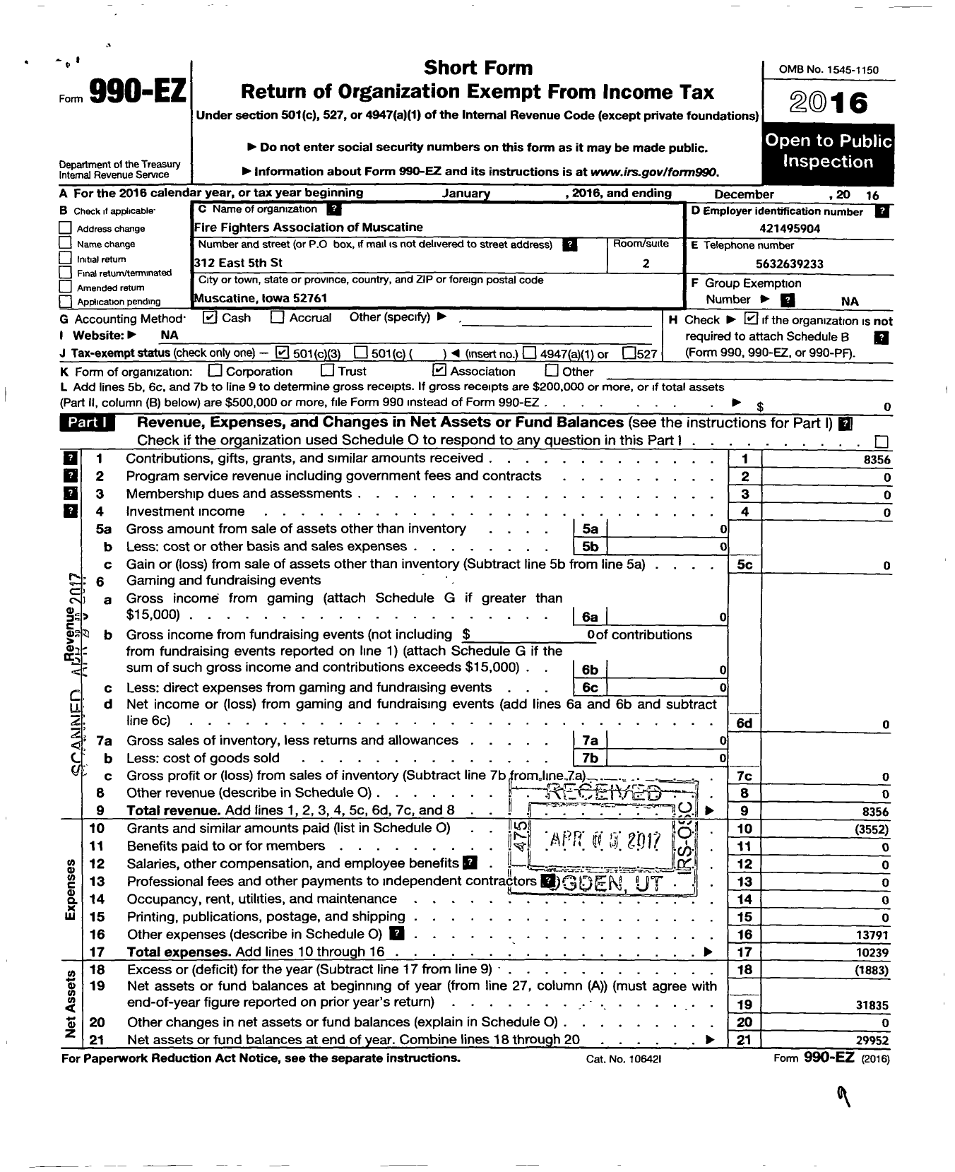 Image of first page of 2016 Form 990EZ for Firefighters Association of Muscatine