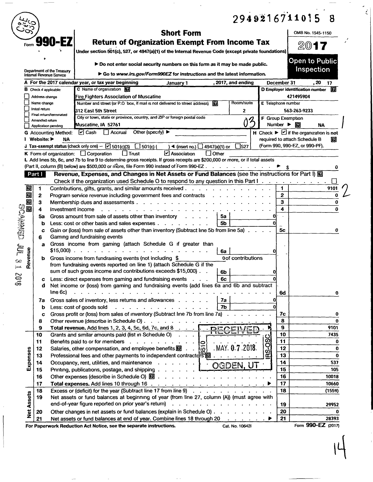 Image of first page of 2017 Form 990EZ for Firefighters Association of Muscatine