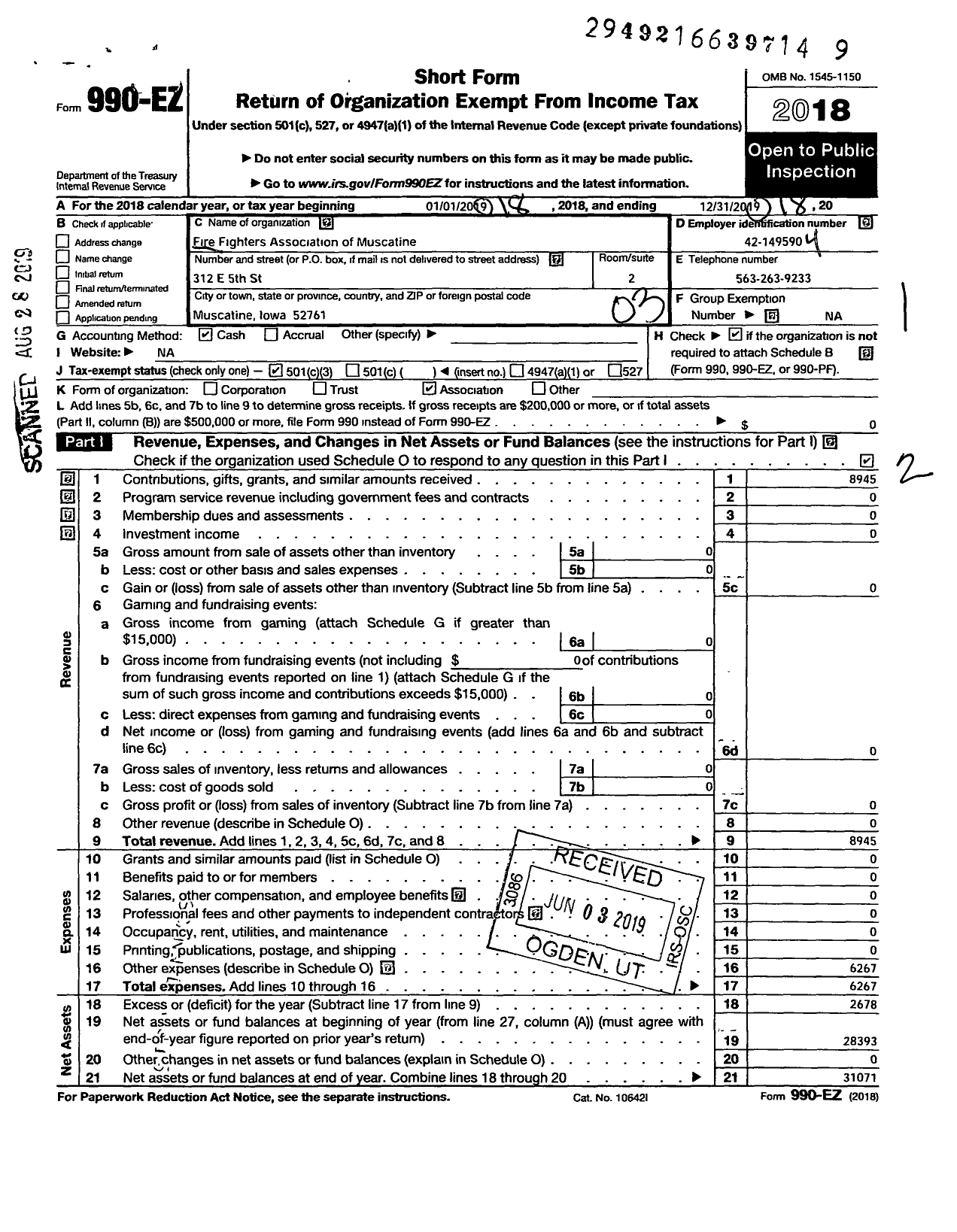 Image of first page of 2018 Form 990EZ for Firefighters Association of Muscatine