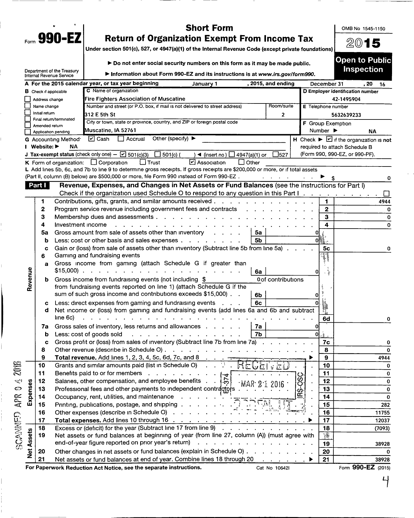 Image of first page of 2016 Form 990EZ for Firefighters Association of Muscatine