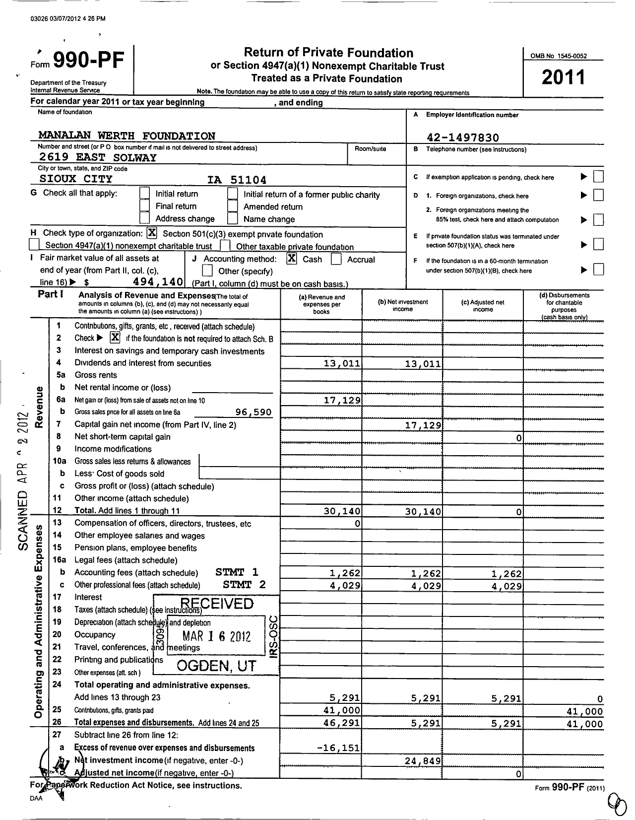 Image of first page of 2011 Form 990PF for Manalan Werth Foundation