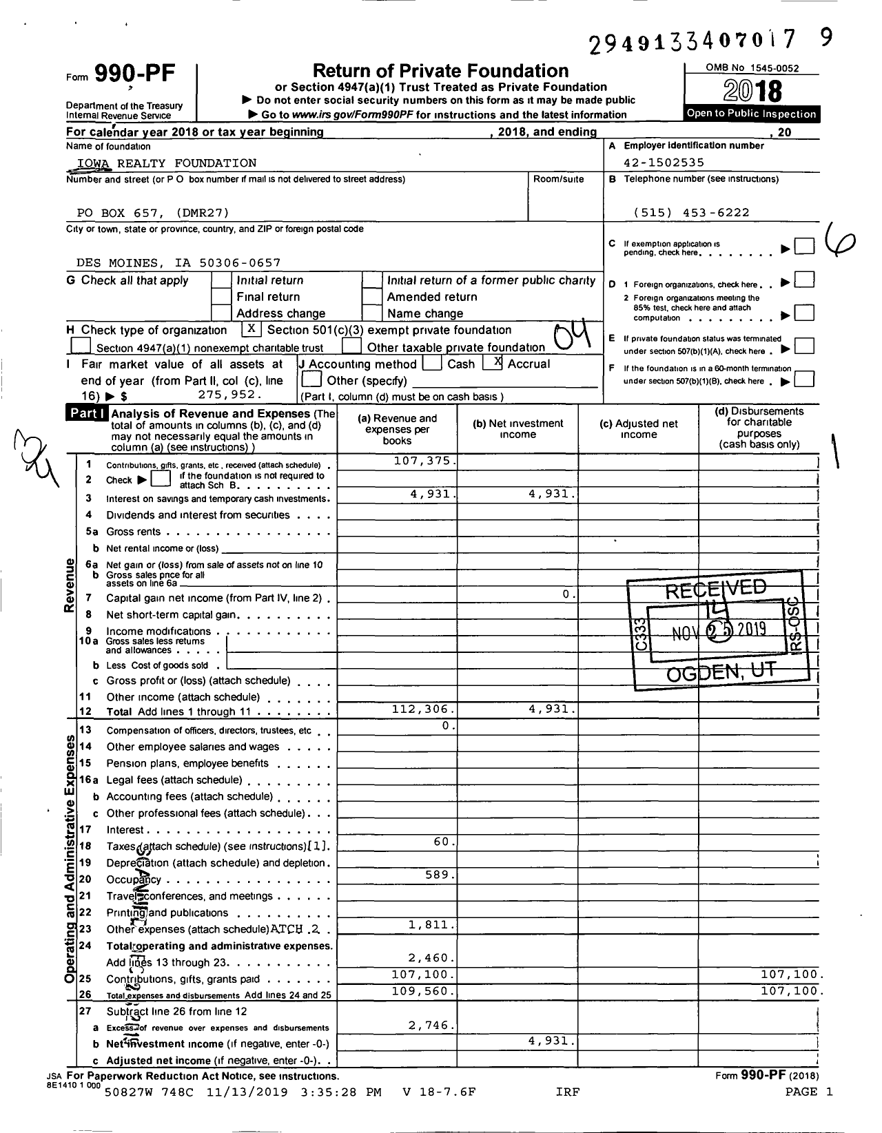 Image of first page of 2018 Form 990PF for Iowa Realty Foundation