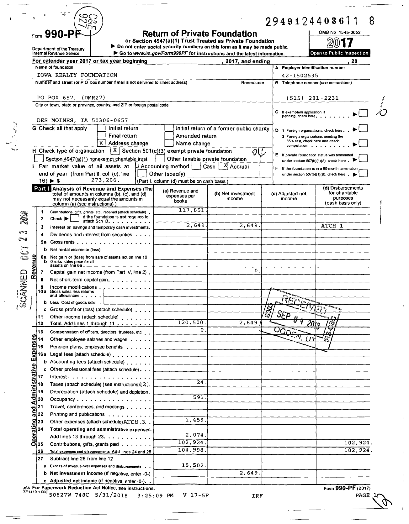Image of first page of 2017 Form 990PF for Iowa Realty Foundation