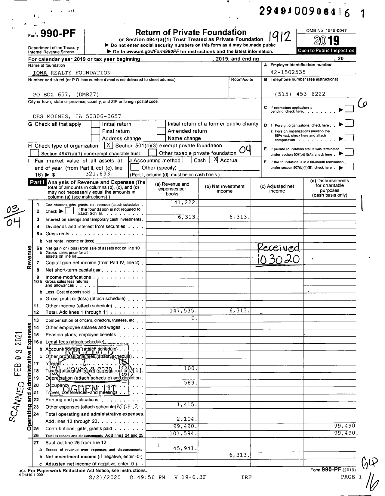 Image of first page of 2019 Form 990PF for Iowa Realty Foundation