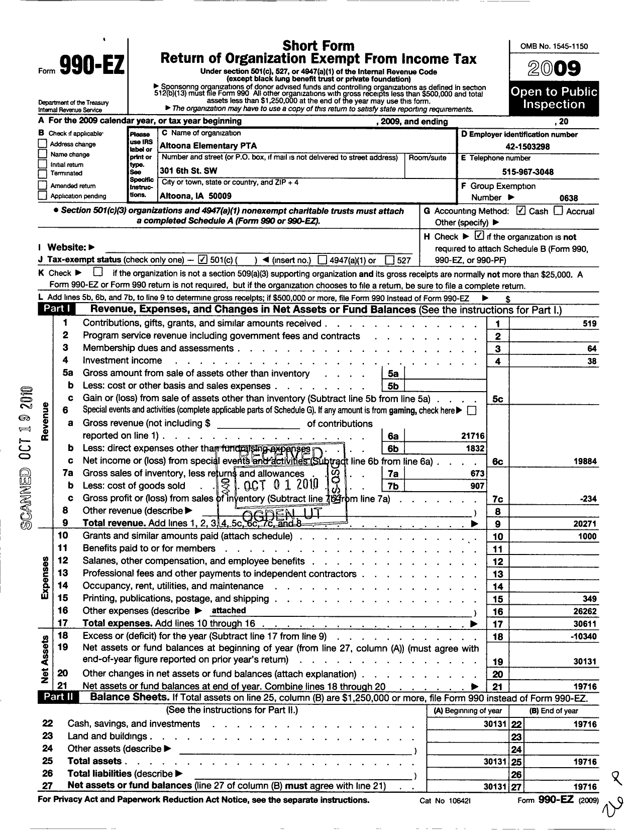 Image of first page of 2009 Form 990EO for PTA Iowa Congress / Altoona Elementary PTA