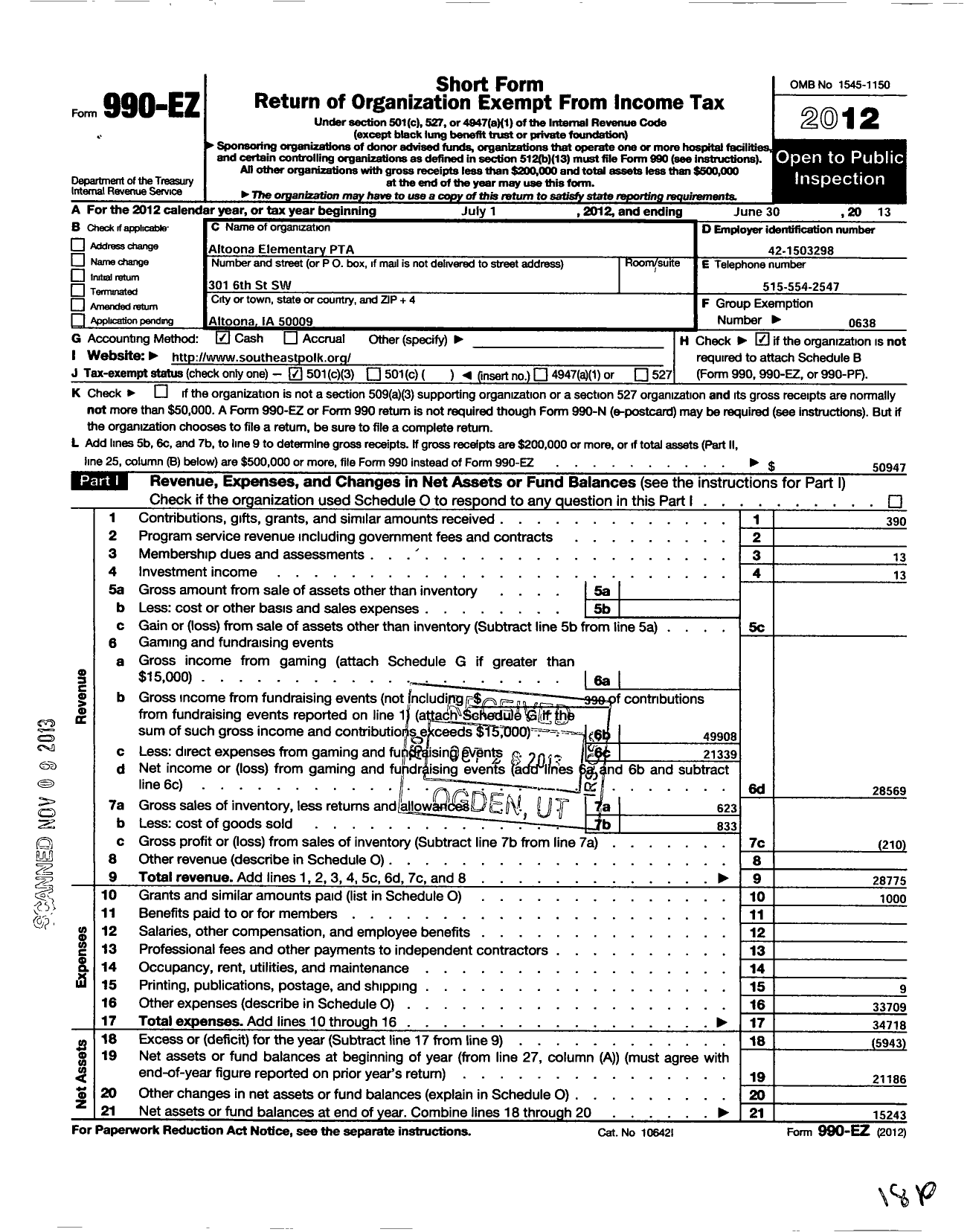 Image of first page of 2012 Form 990EZ for PTA Iowa Congress / Altoona Elementary PTA