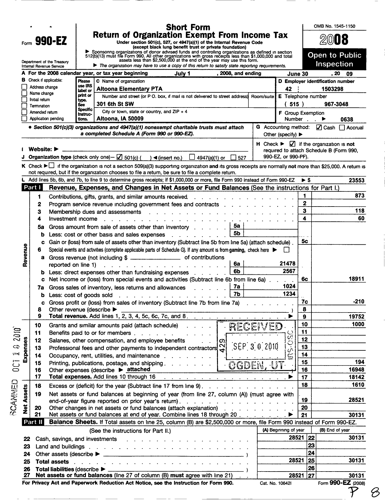 Image of first page of 2008 Form 990EO for PTA Iowa Congress / Altoona Elementary PTA