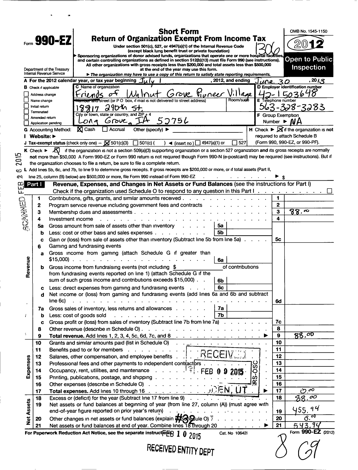 Image of first page of 2012 Form 990EZ for Friends of Walnut Grove Pioneer Village