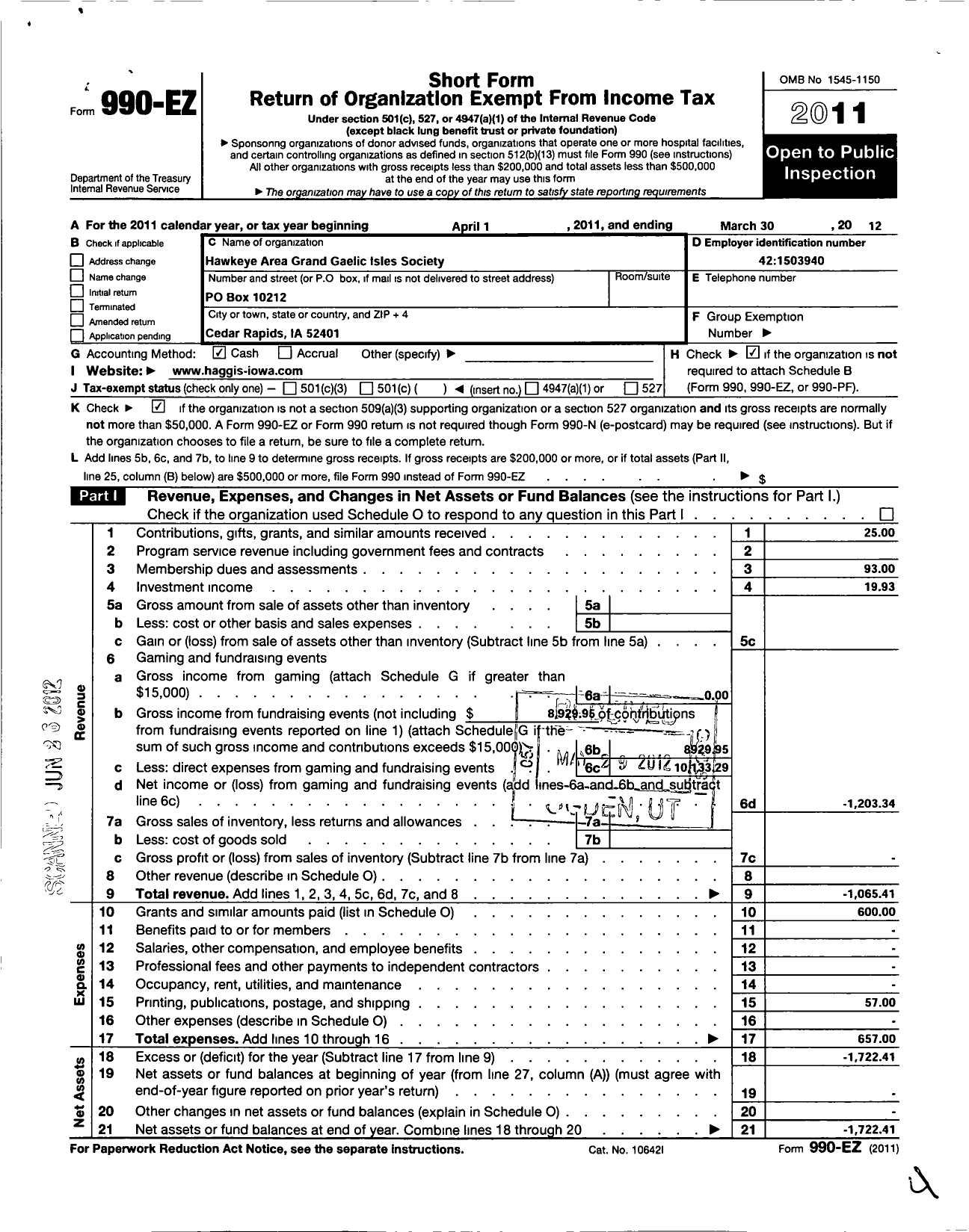 Image of first page of 2011 Form 990EO for Hawkeye Area Grand Gaelic Isles Society (HAGGIS)