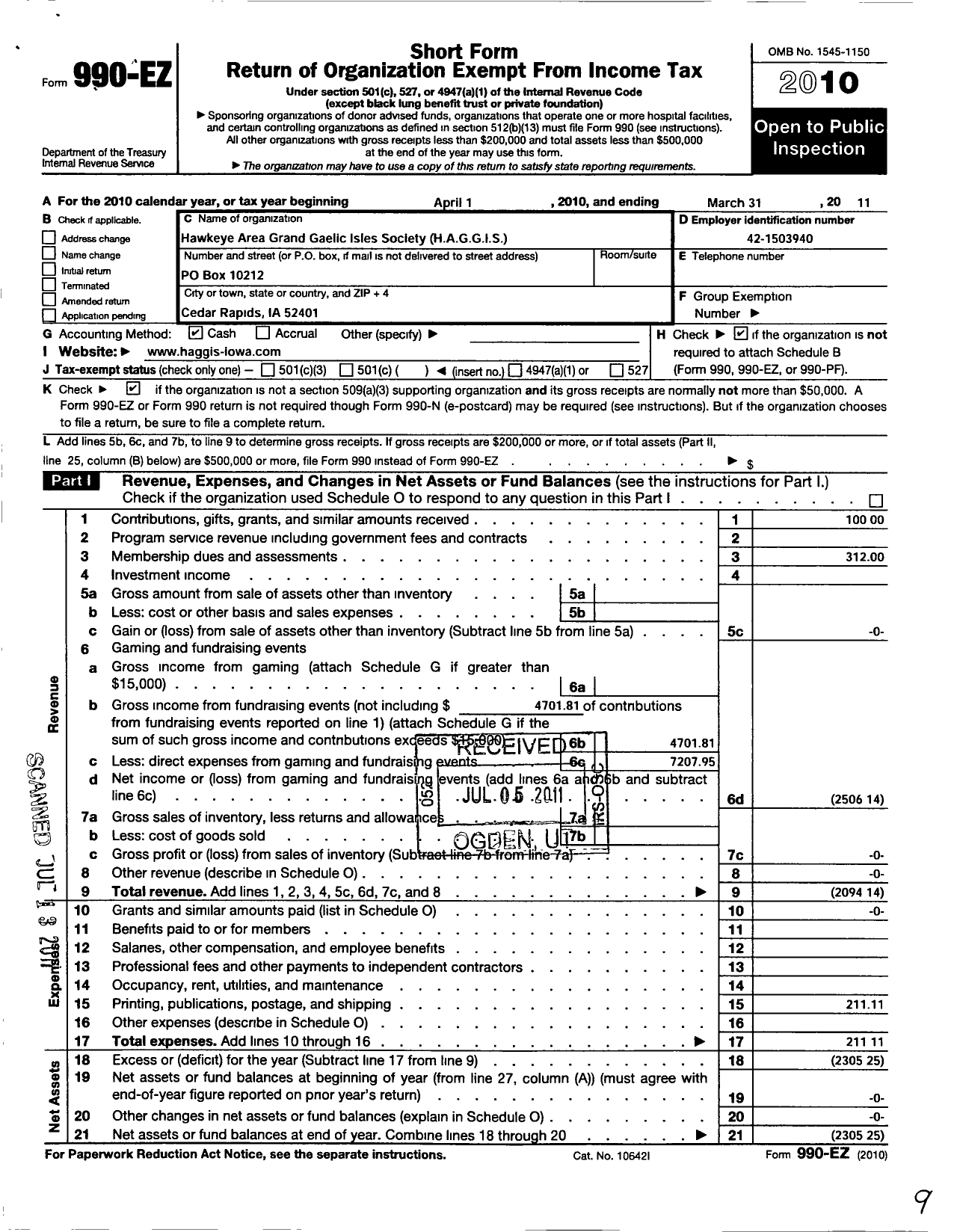 Image of first page of 2010 Form 990EO for Hawkeye Area Grand Gaelic Isles Society (HAGGIS)