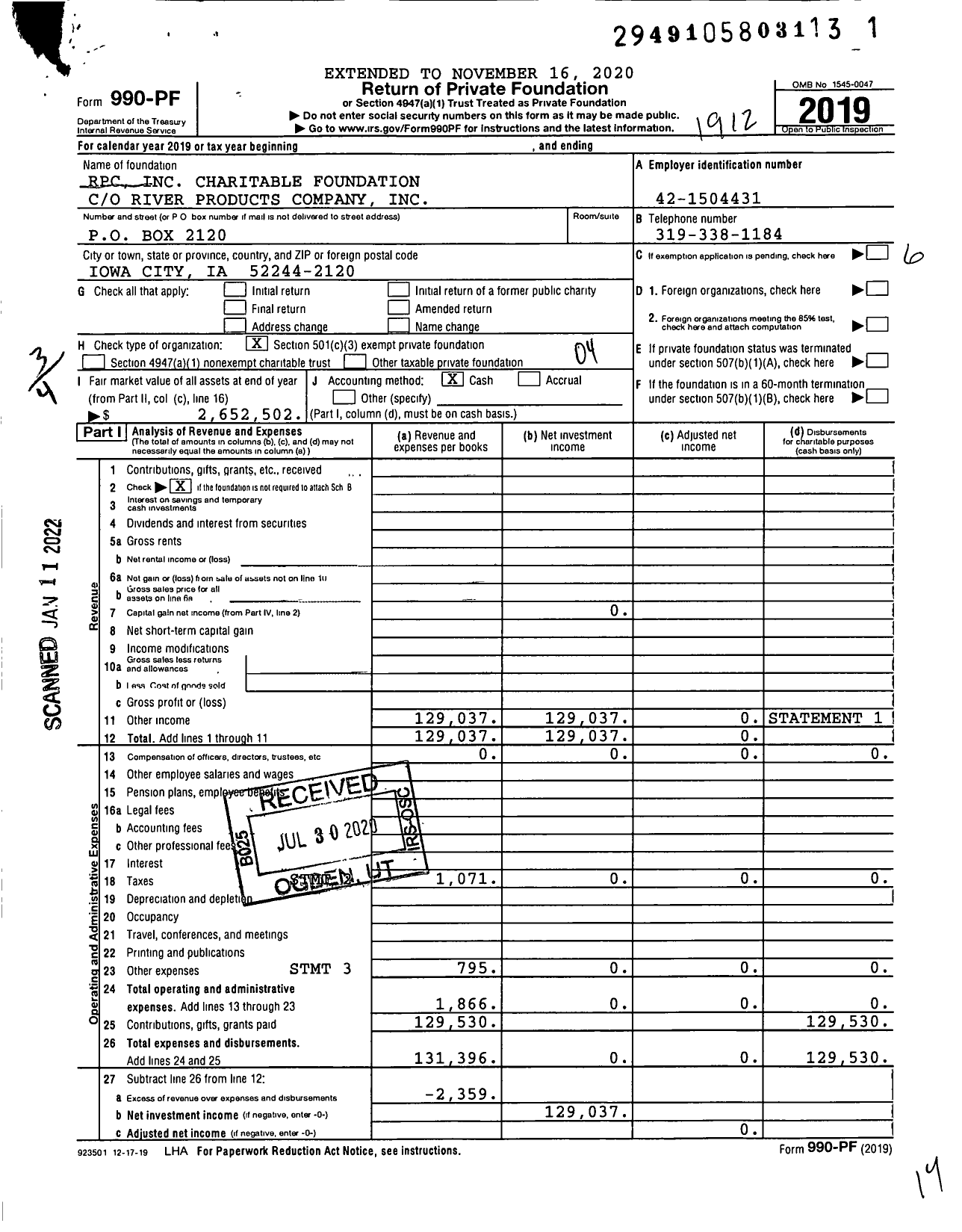 Image of first page of 2019 Form 990PF for RPC Charitable Foundation