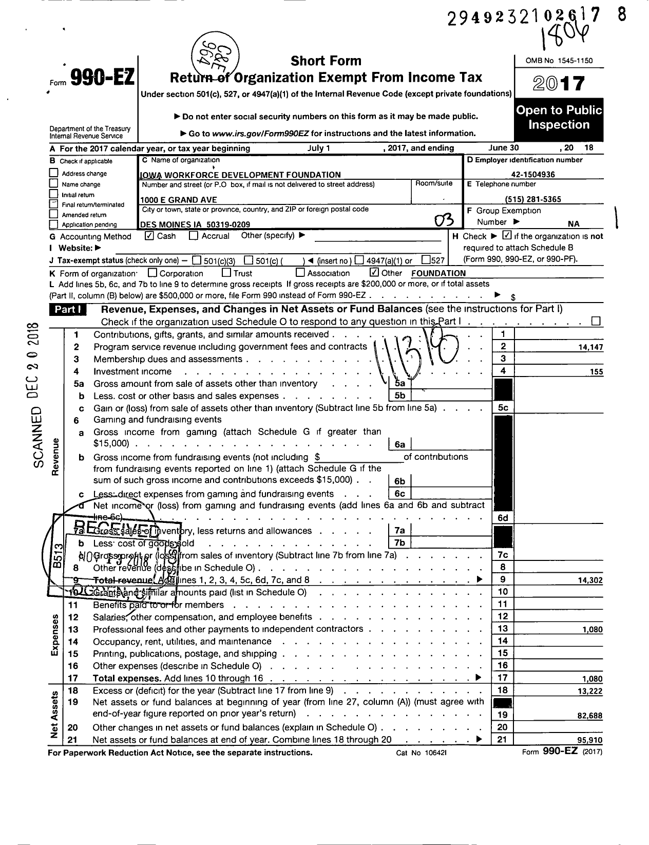 Image of first page of 2017 Form 990EZ for Iowa Workforce Development Foundation