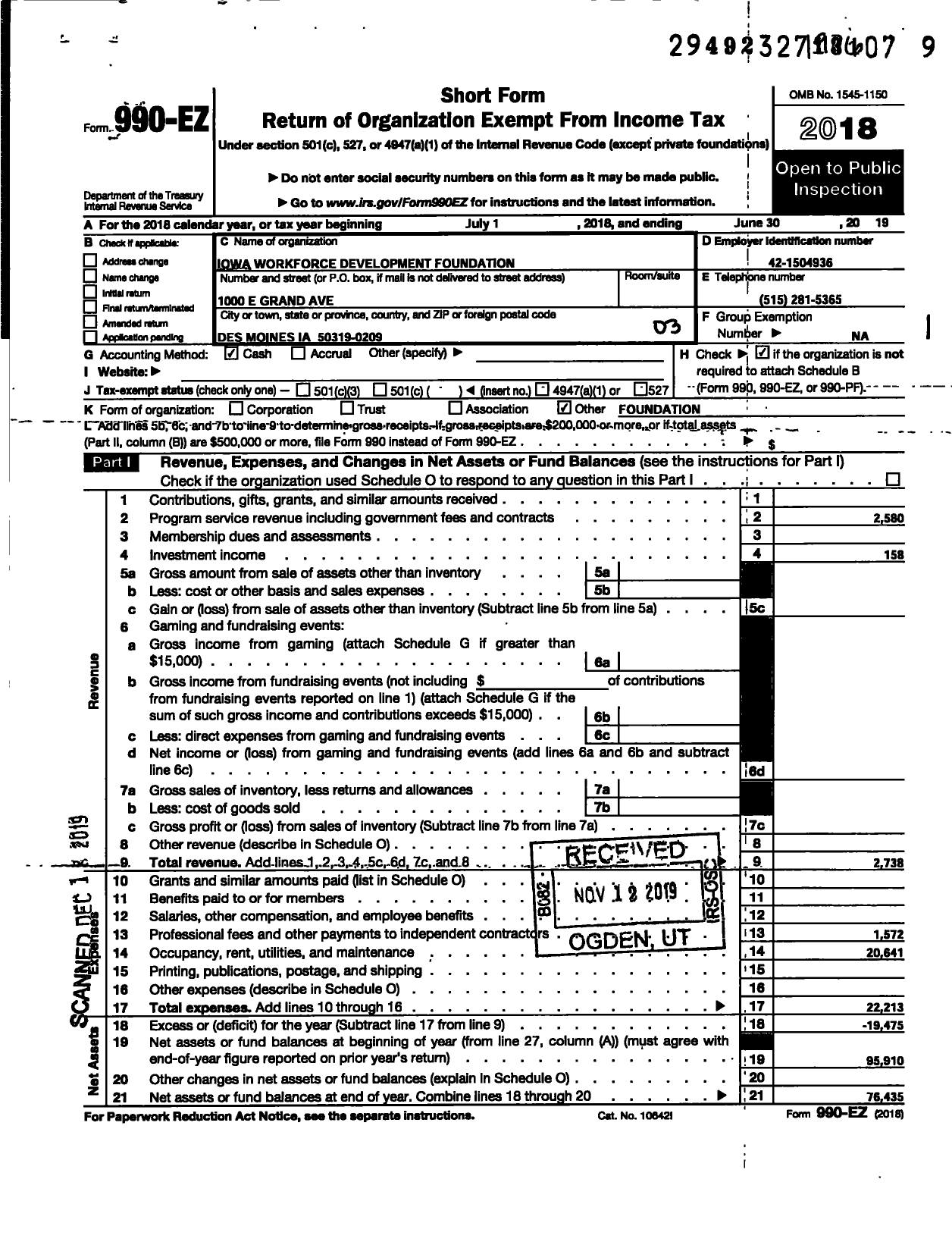 Image of first page of 2018 Form 990EZ for Iowa Workforce Development Foundation