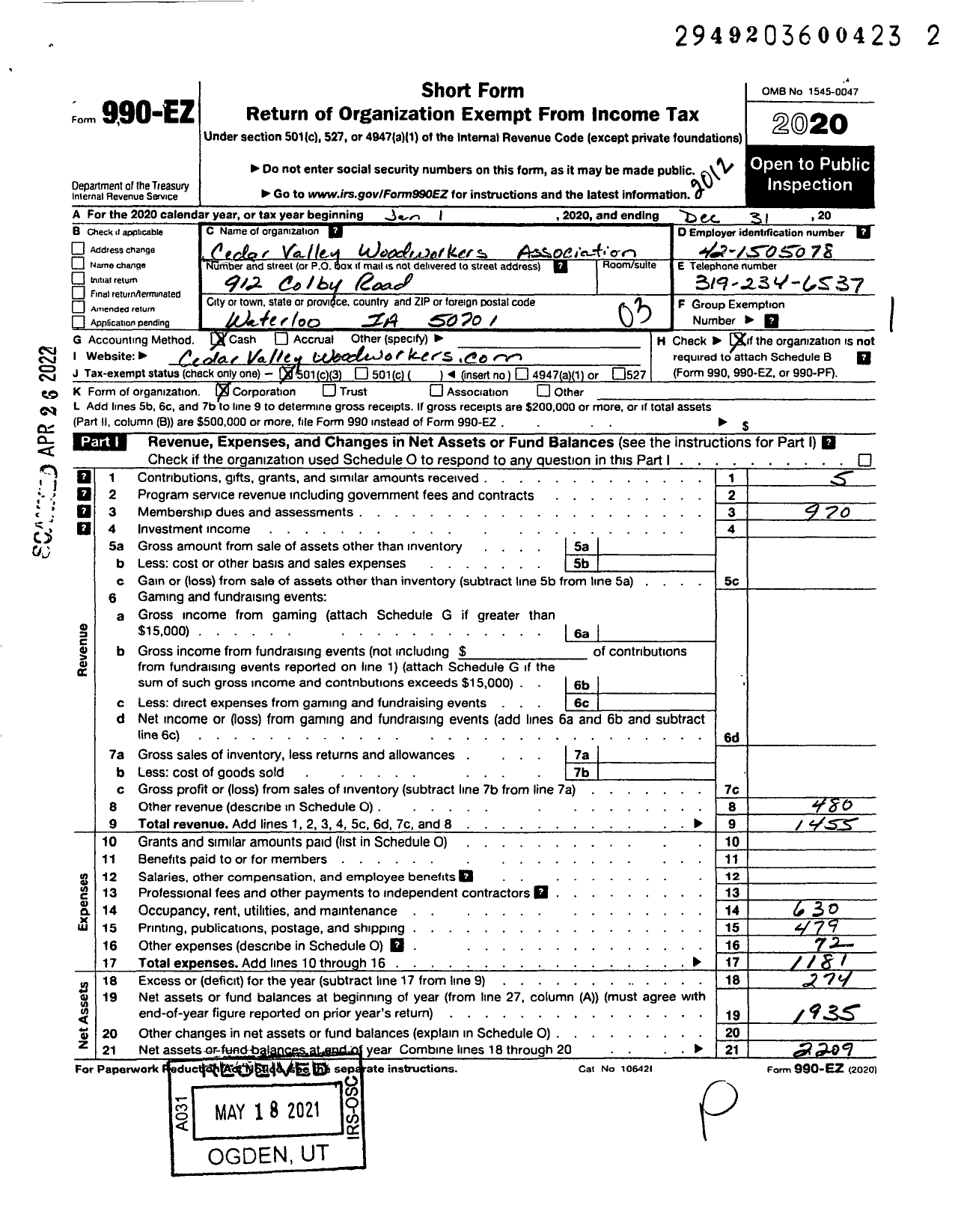 Image of first page of 2020 Form 990EZ for Cedar Valley Woodworkers Association