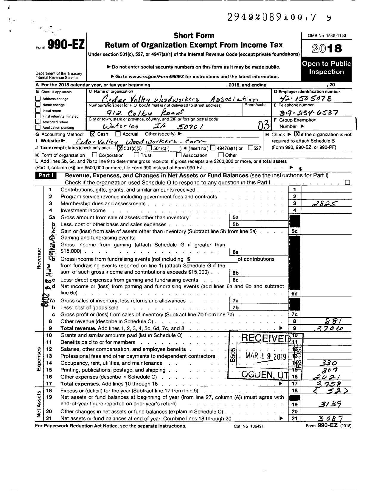 Image of first page of 2018 Form 990EZ for Cedar Valley Woodworkers Association