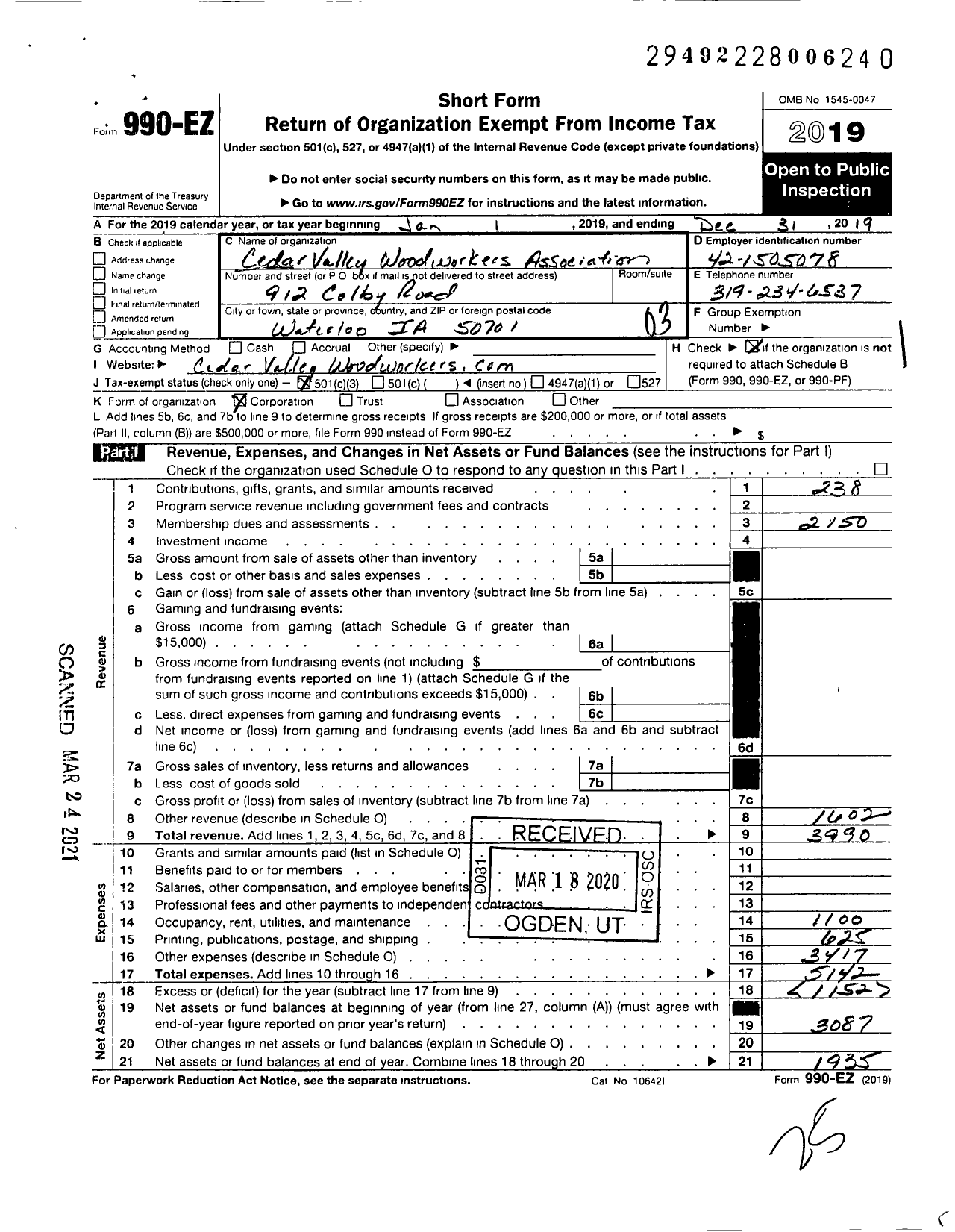 Image of first page of 2019 Form 990EZ for Cedar Valley Woodworkers Association