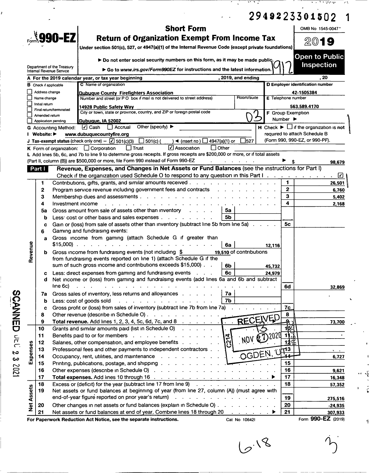 Image of first page of 2019 Form 990EZ for Dubuque County Firefighters Association