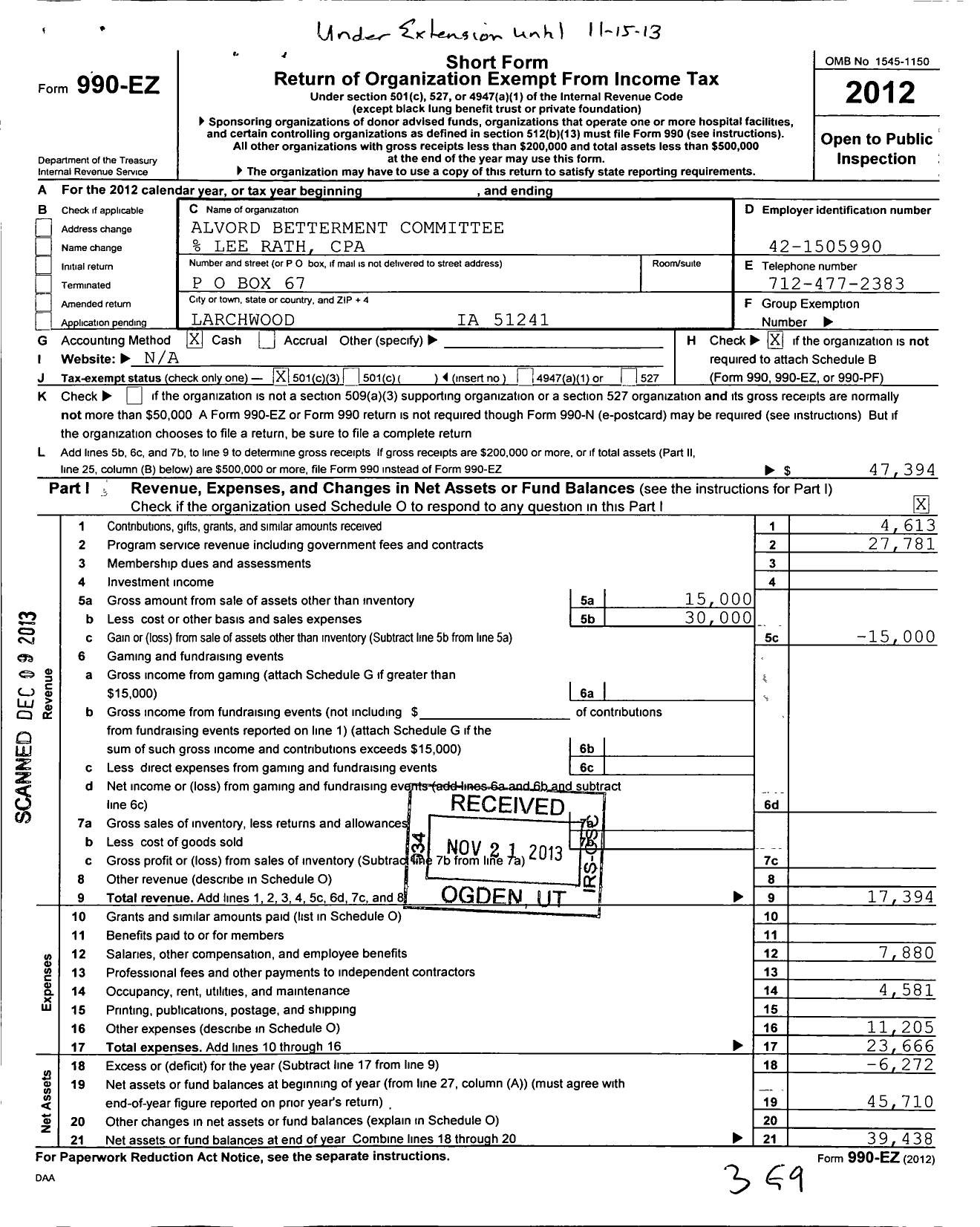 Image of first page of 2012 Form 990EZ for Alvord Betterment Committee