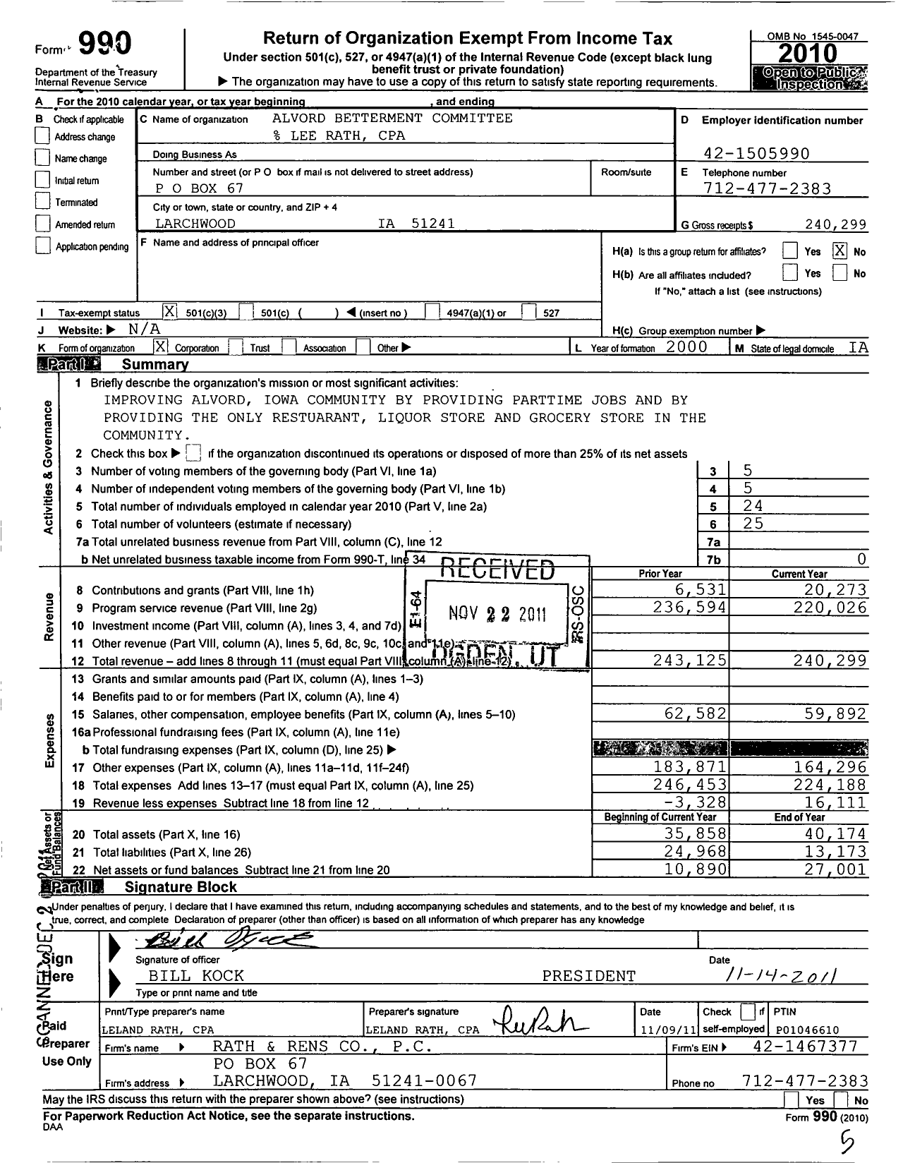 Image of first page of 2010 Form 990 for Alvord Betterment Committee